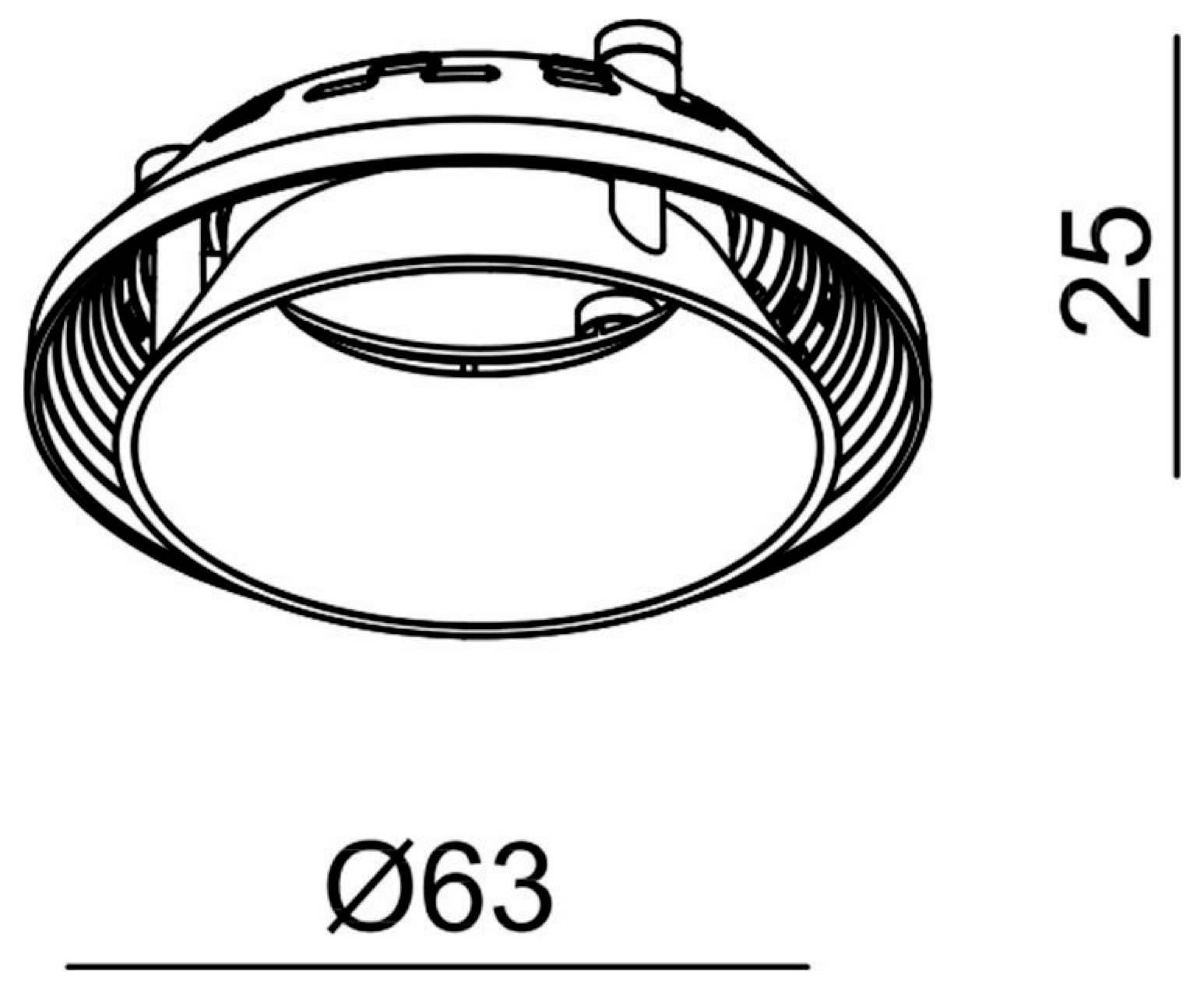 Disegno tecnico di un faretto incassato rotondo, con indicazioni Ø63 e 25, che mostrano le dimensioni.