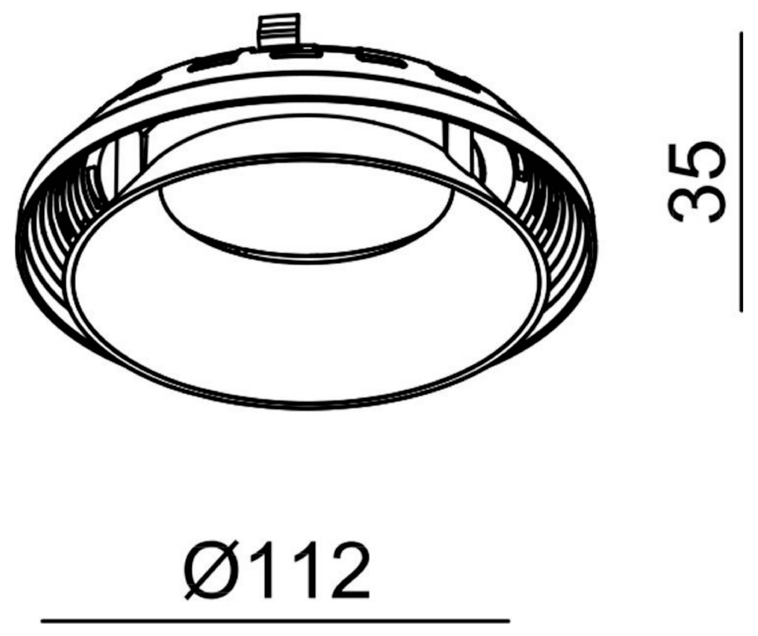 Disegno tecnico di un faretto incassato rotondo, con indicazione Ø112 di larghezza e 35 di altezza.