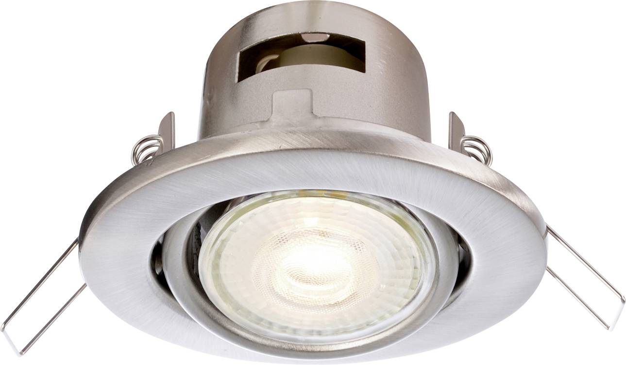 Faretto da incasso a soffitto con cornice in metallo spazzolato e molle laterali regolabili, mostrato su sfondo bianco.