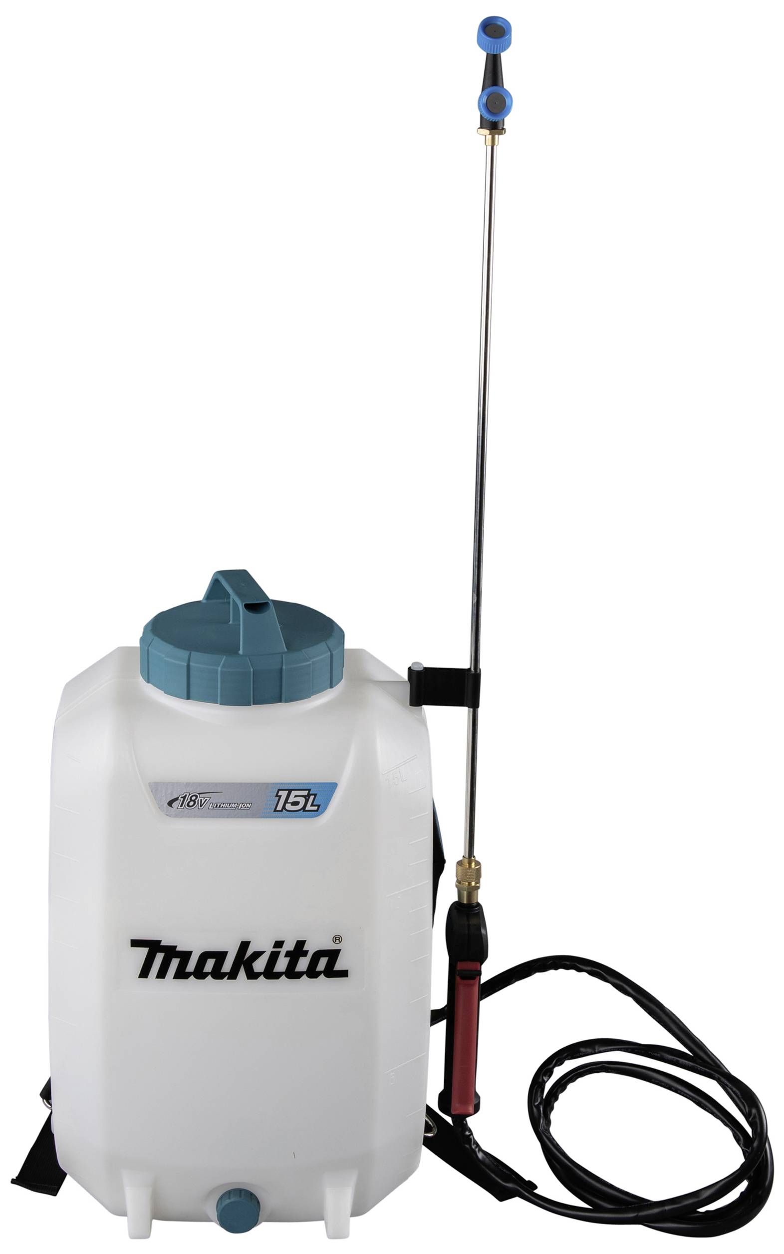 Un contenitore spray bianco con coperchio blu e capacità di 15 litri. Il dispositivo è dotato di un tubo e di una lancia di spruzzatura.