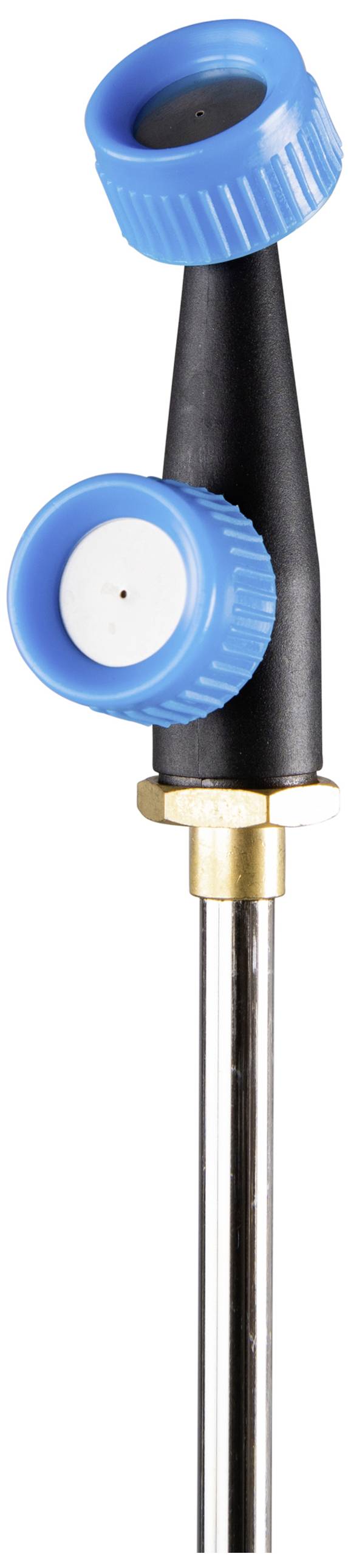 Bruciatore a gas con due regolatori blu per il controllo della fiamma, montato su un'asta metallica. Utilizzato in ambienti di laboratorio.