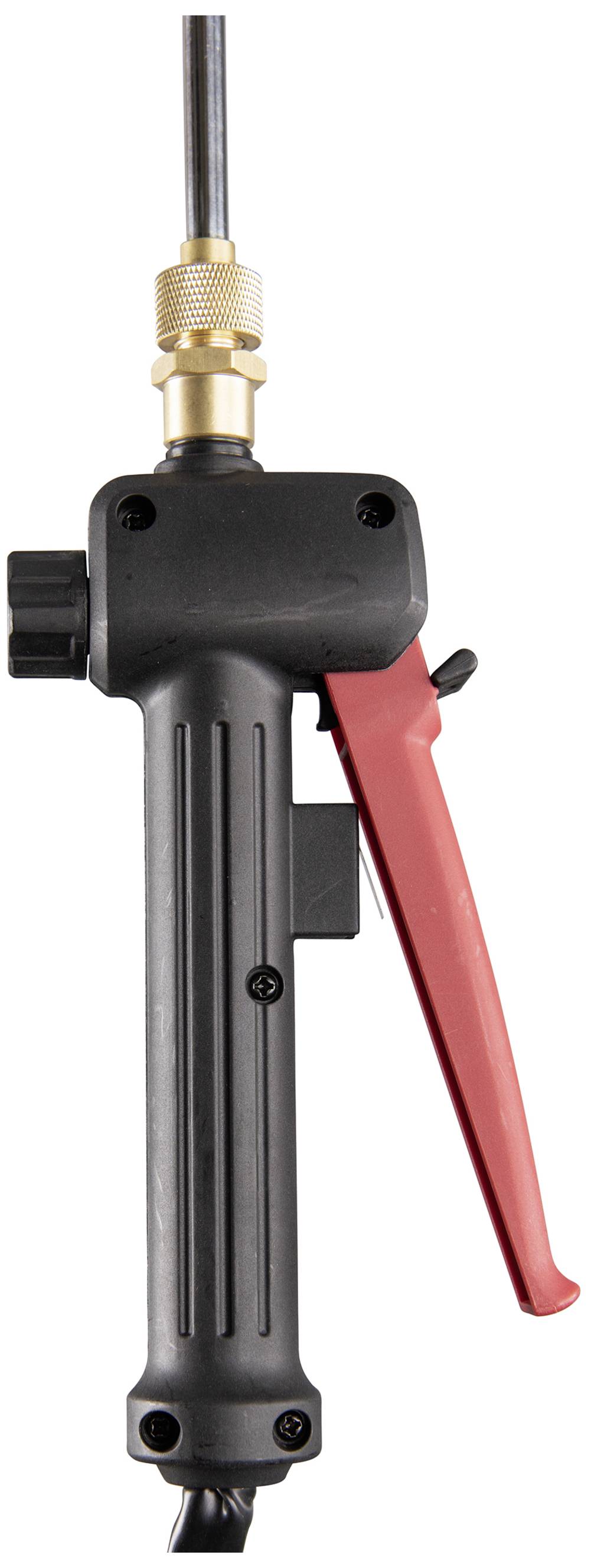 Una pistola a spruzzo nera con leva rossa e attacco in ottone, probabilmente utilizzata per la pulizia ad alta pressione.