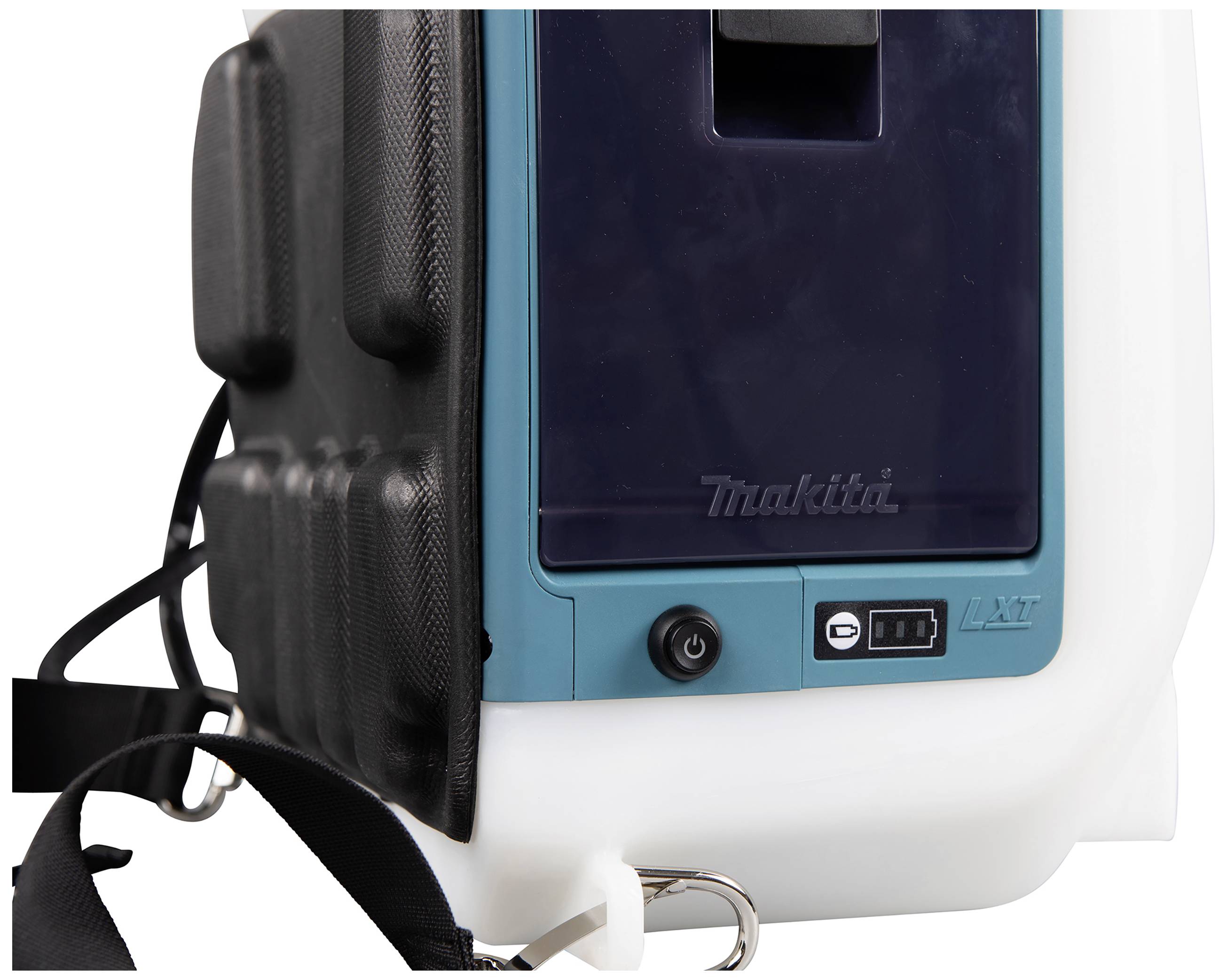Un dispositivo portatile alimentato a batteria, dotato di cinghie a tracolla e un interruttore frontale, ideale per l'uso mobile.