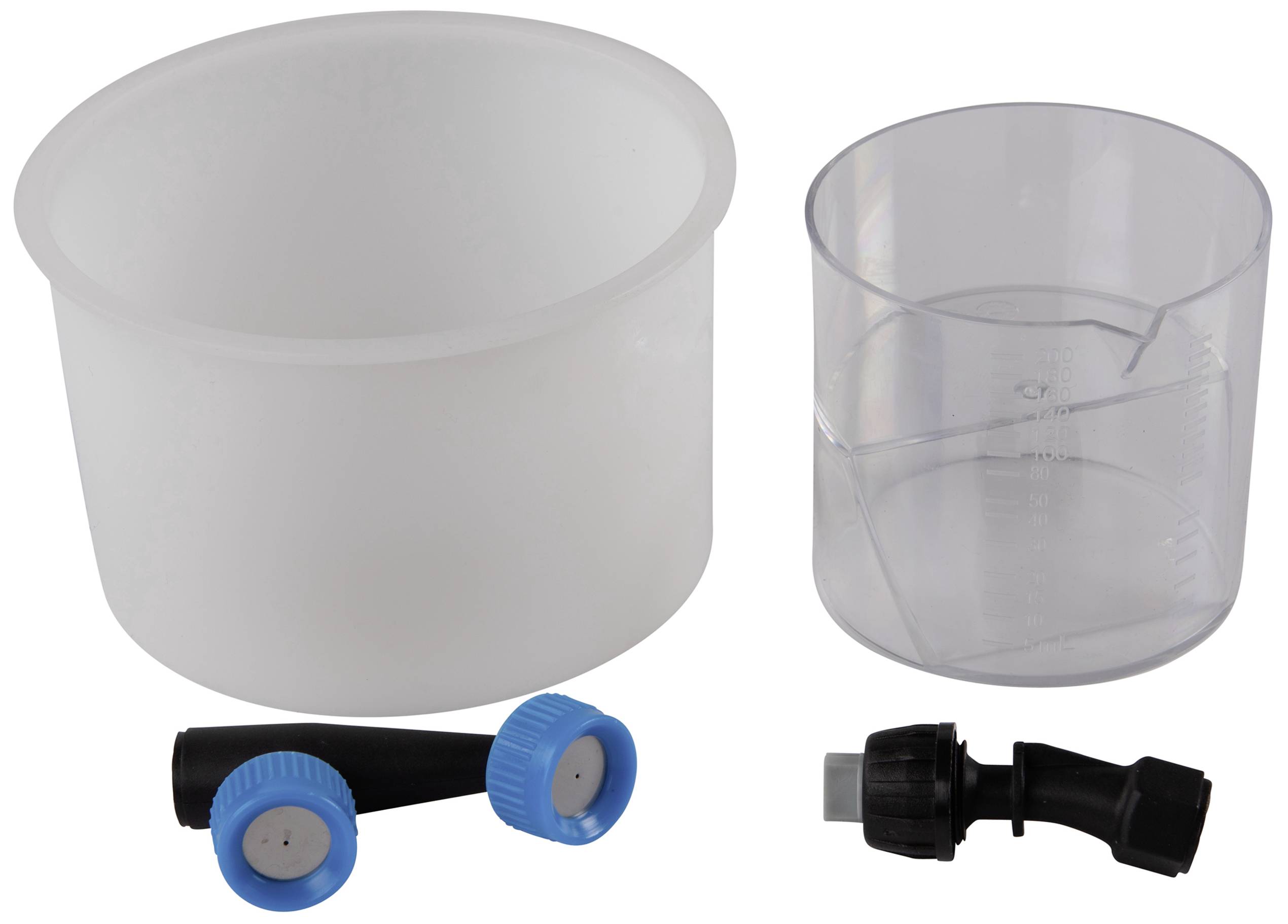 Set di tazze graduate con due contenitori trasparenti di dimensioni diverse e due beccucci neri con anelli blu.