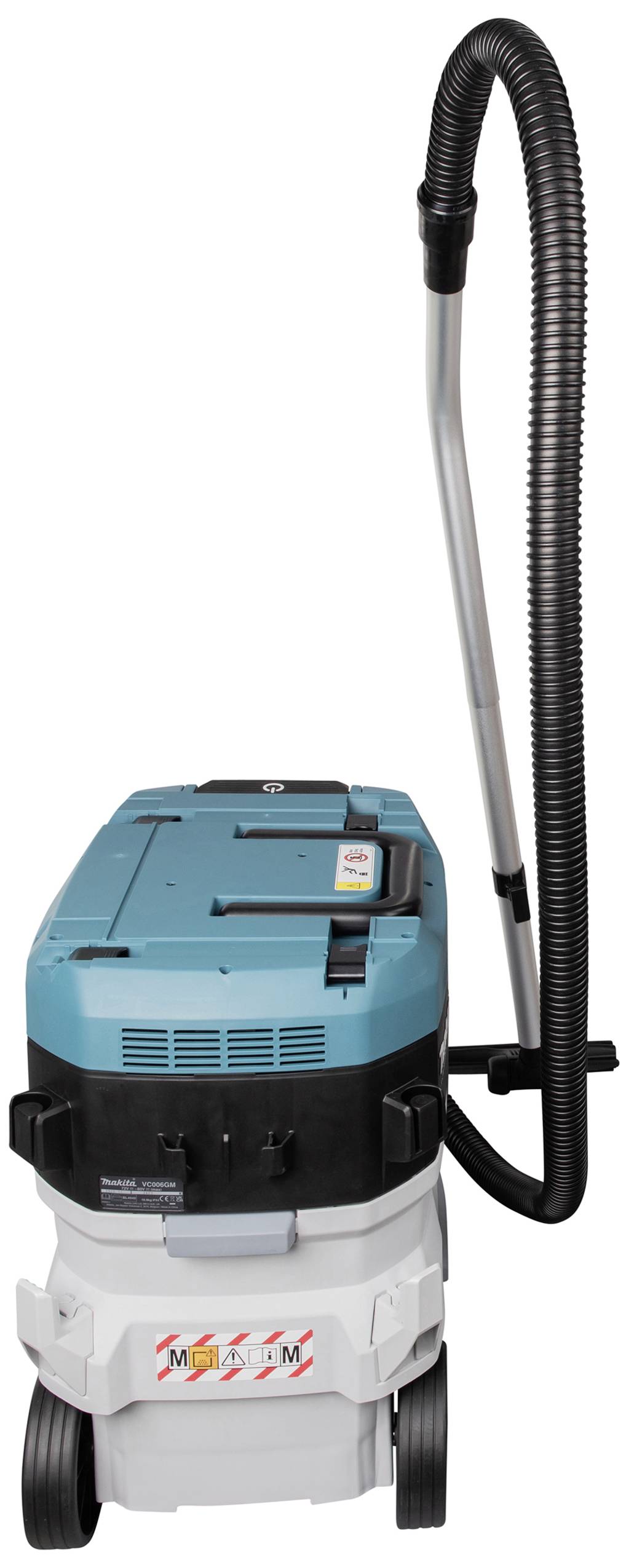 Un aspiratore industriale blu e grigio con ruote e tubo lungo, adatto per cantieri o officine.