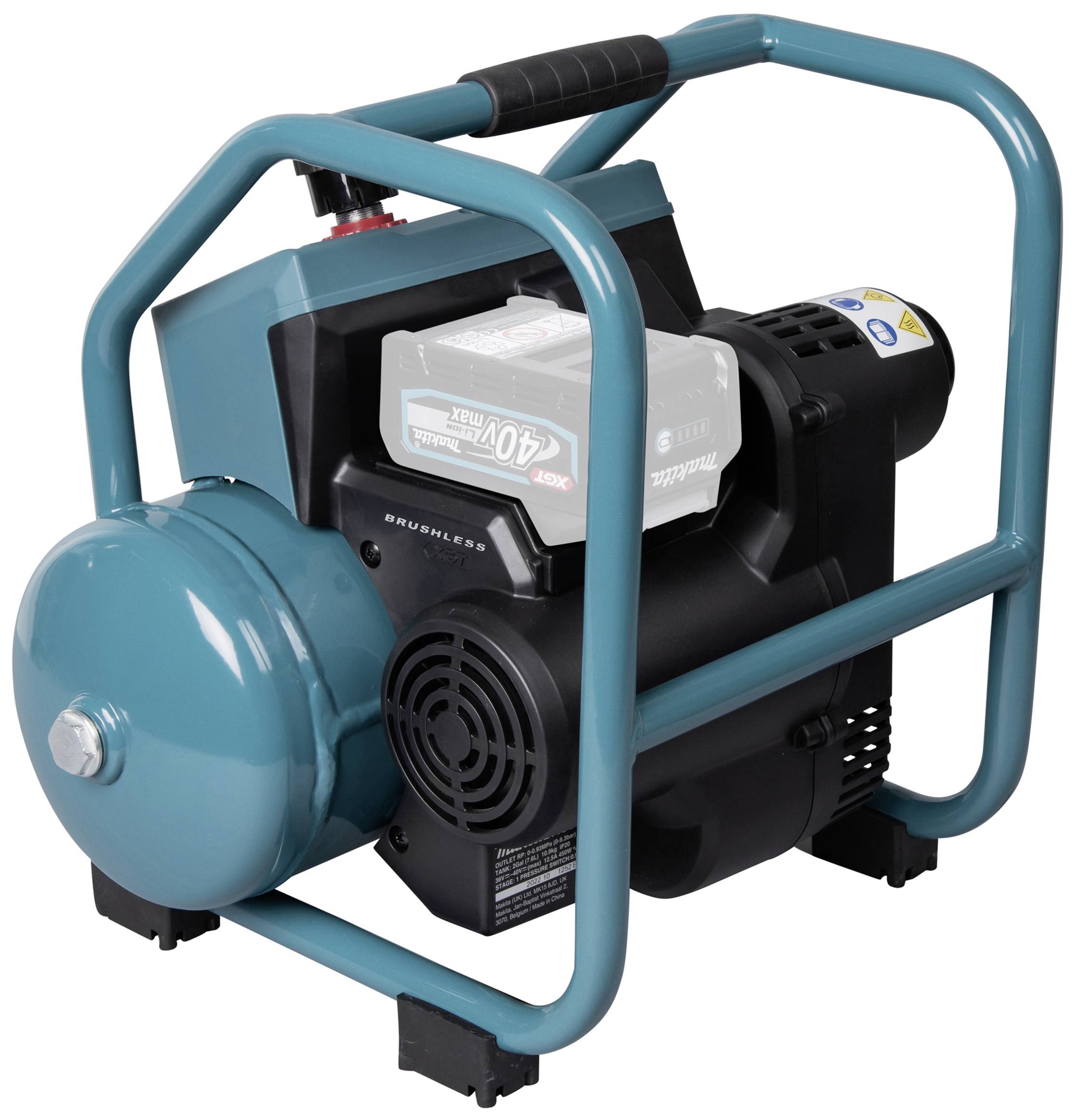 Compressore elettrico con telaio protettivo blu e batteria rimovibile, adatto per applicazioni pneumatiche mobili.