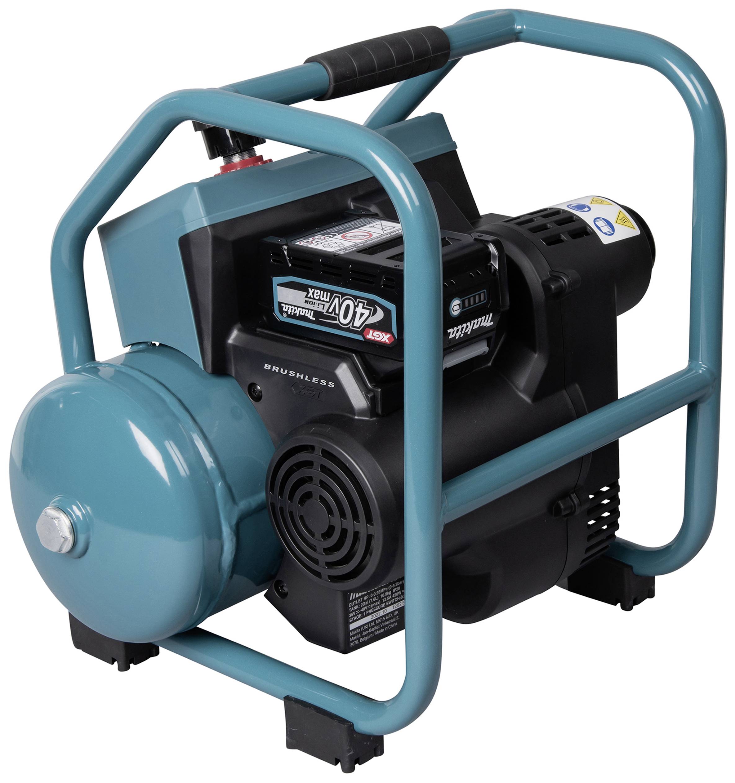 Un compressore d'aria portatile color turchese con motore e impugnature nere. Adatto per applicazioni mobili.