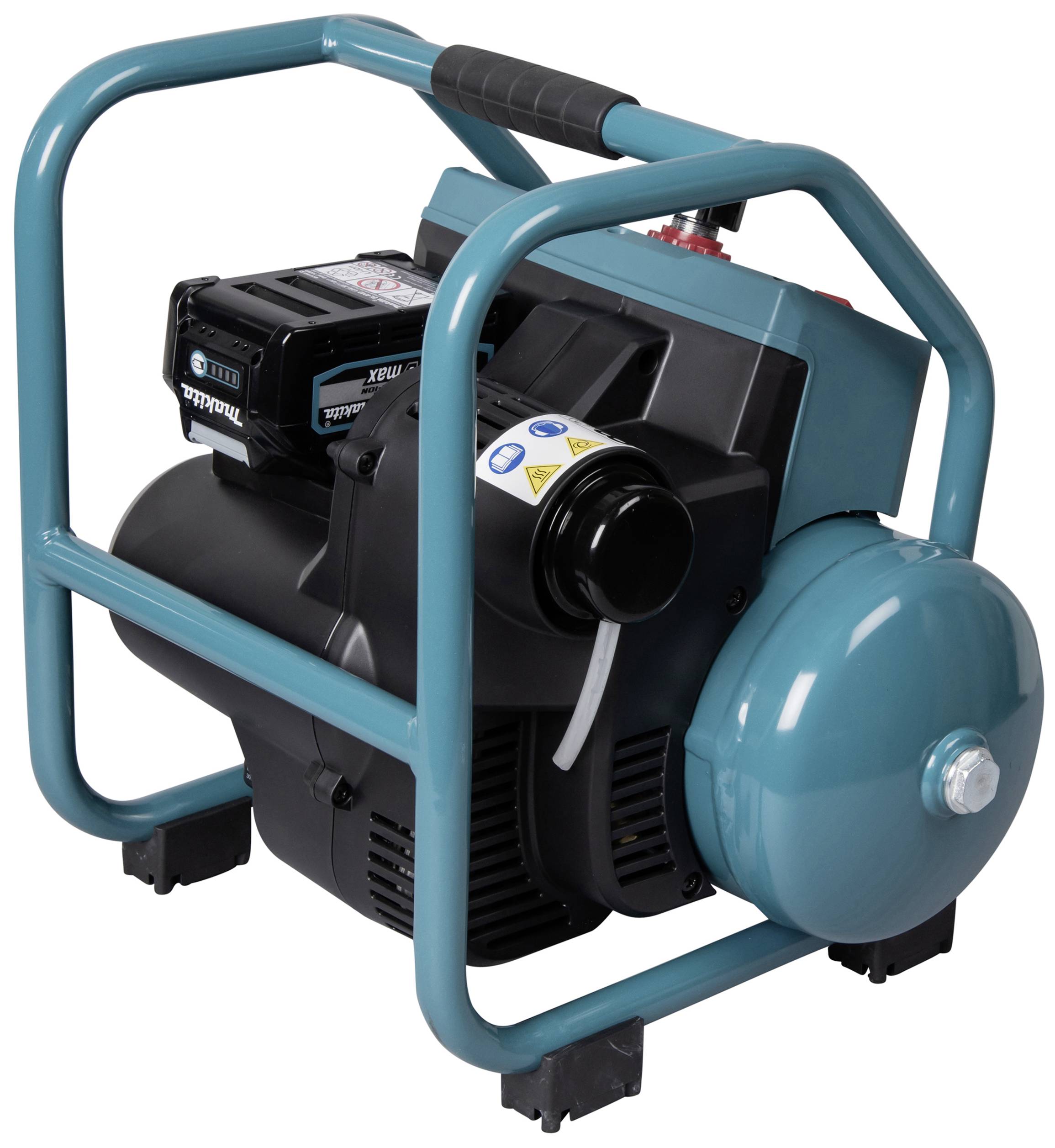 Un compressore d'aria portatile di colore turchese con motore nero e impugnatura, adatto per applicazioni mobili e cantieri.