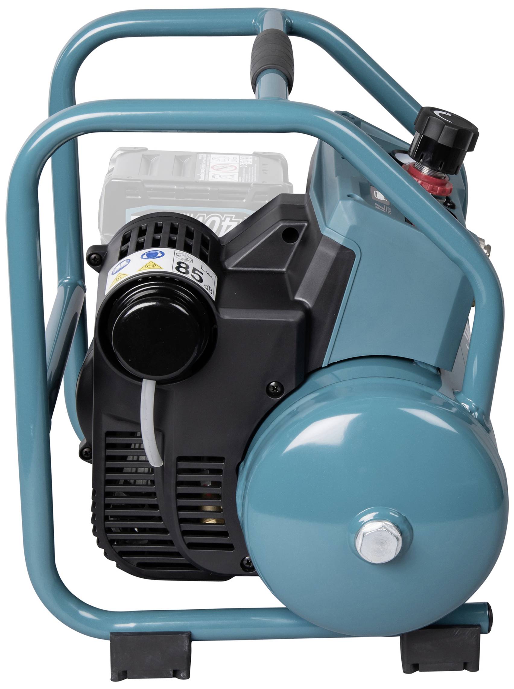 Generatore portatile blu con motore nero e telaio in metallo. Valvola e indicatore del carburante visibili.