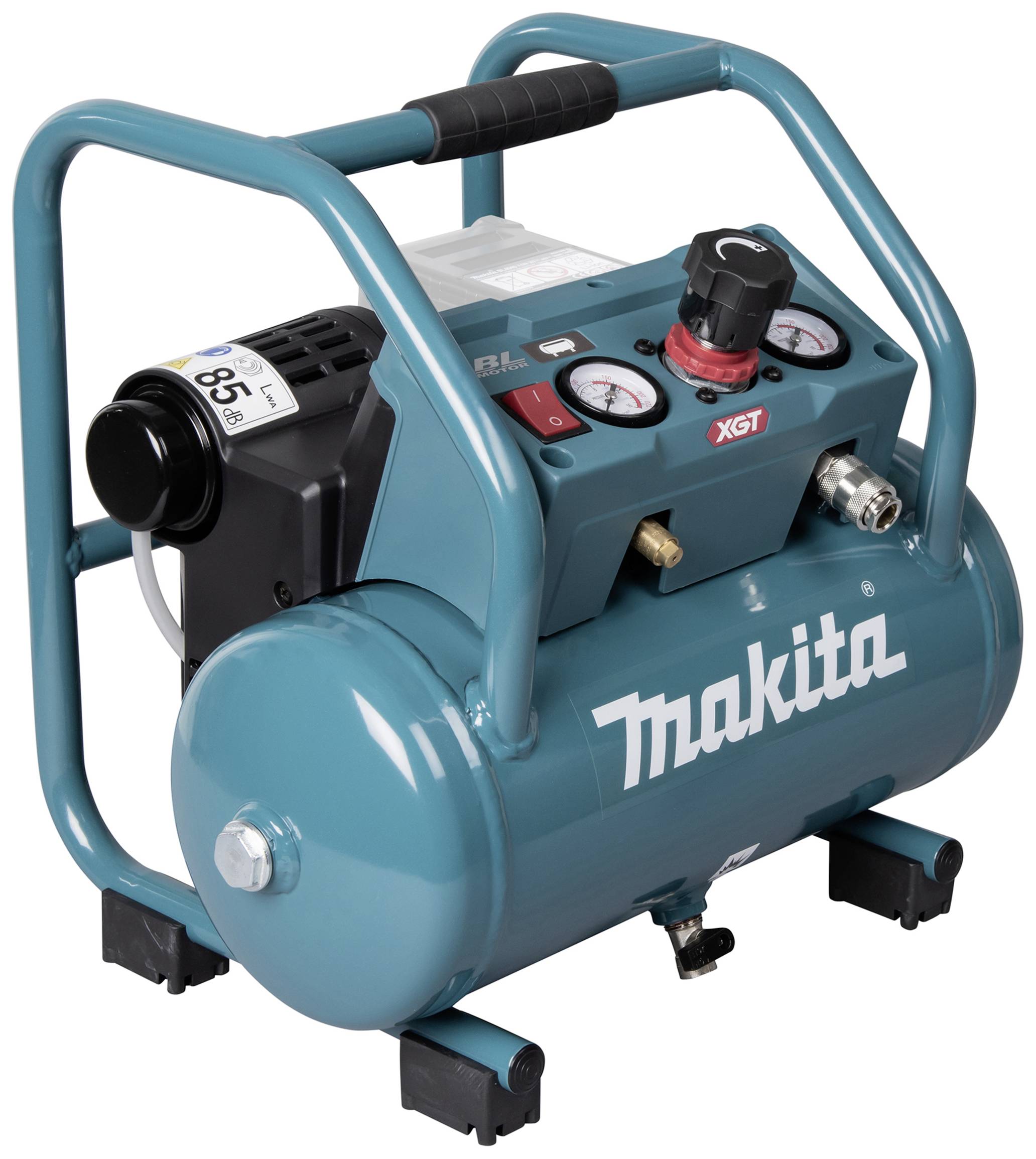 Un compressore d'aria portatile verde con il logo 'Makita'. Due manometri e un regolatore sono visibili nella parte superiore.