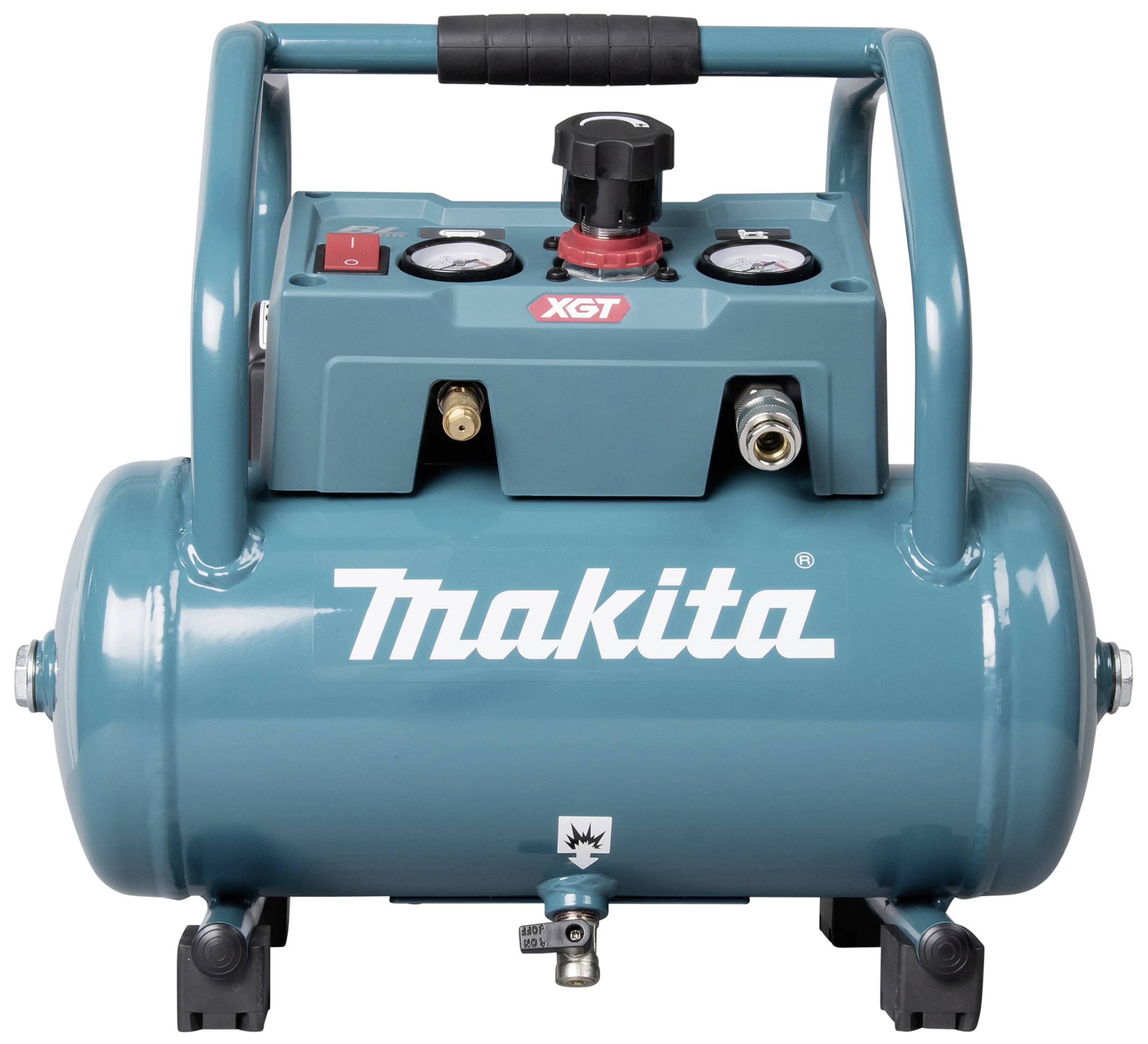 Compressore Makita blu con indicatore di pressione e manopola di regolazione. Logo del marchio ben visibile sul serbatoio. Modello: XGT.