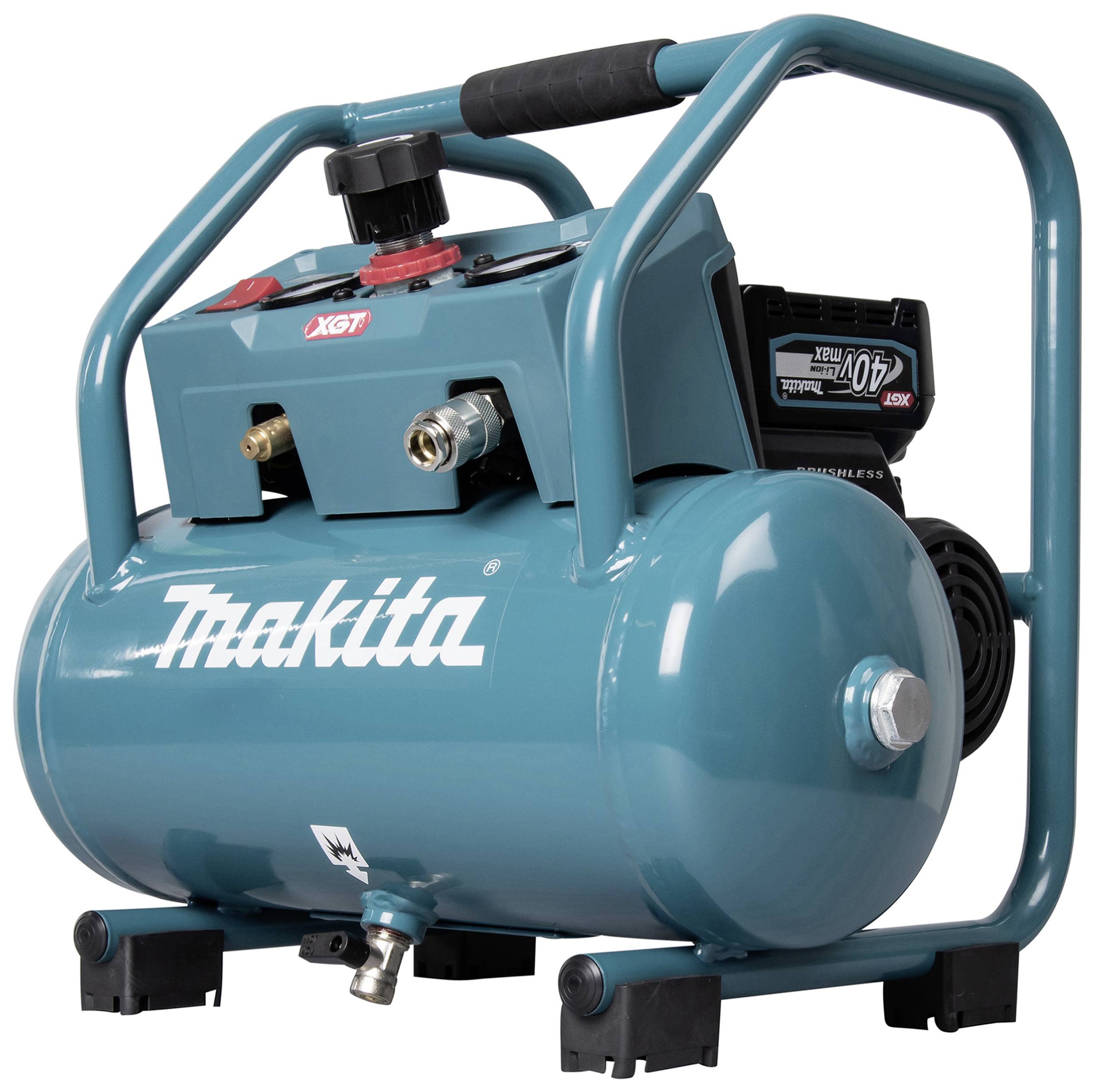 Un compressore d'aria Makita blu con impugnatura e strumenti di controllo sulla parte superiore, con il logo del marchio in bianco sotto di essi.