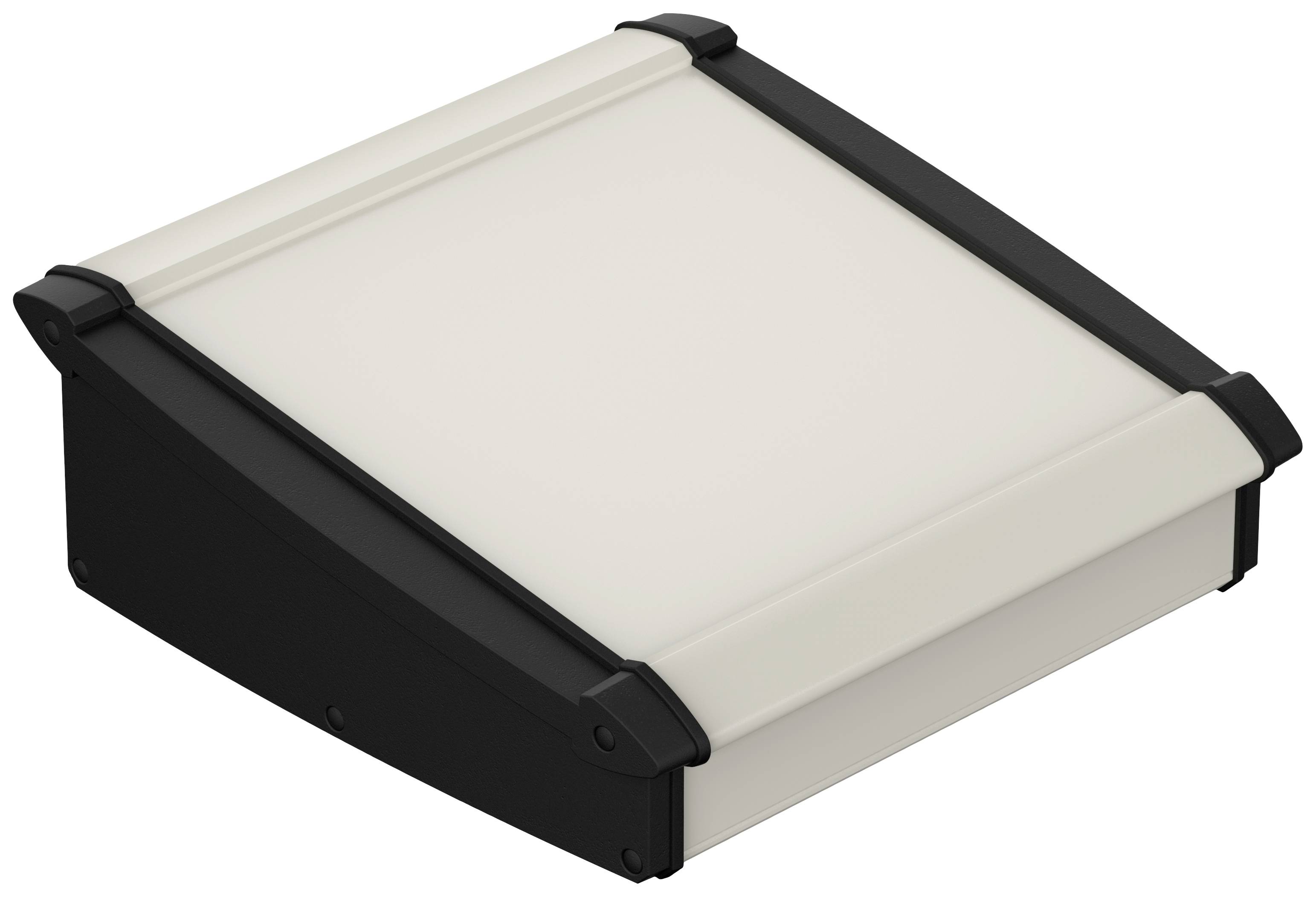 Un involucro nero rettangolare con coperchio superiore beige. Adatto per dispositivi elettronici o controlli.