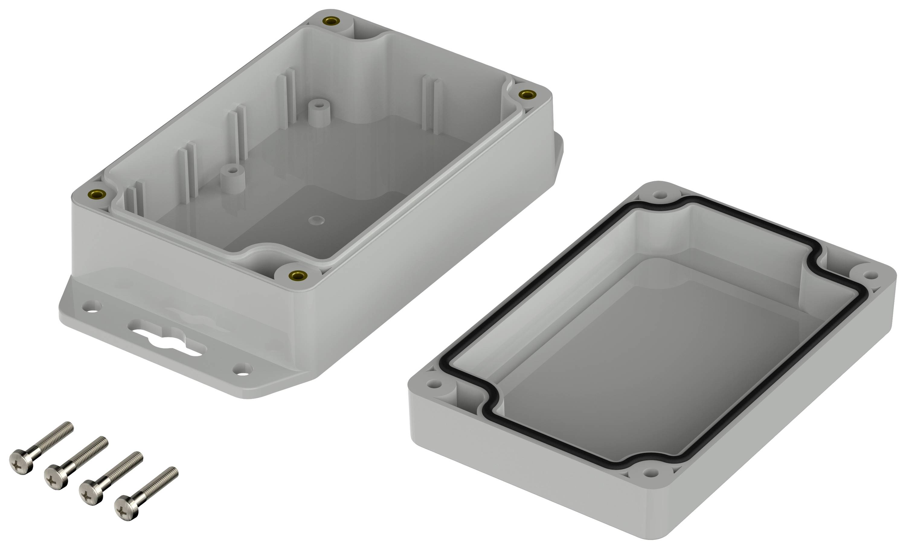 Un involucro rettangolare grigio in plastica con coperchio rimovibile e guarnizione. Quattro viti di fissaggio sono poste accanto.