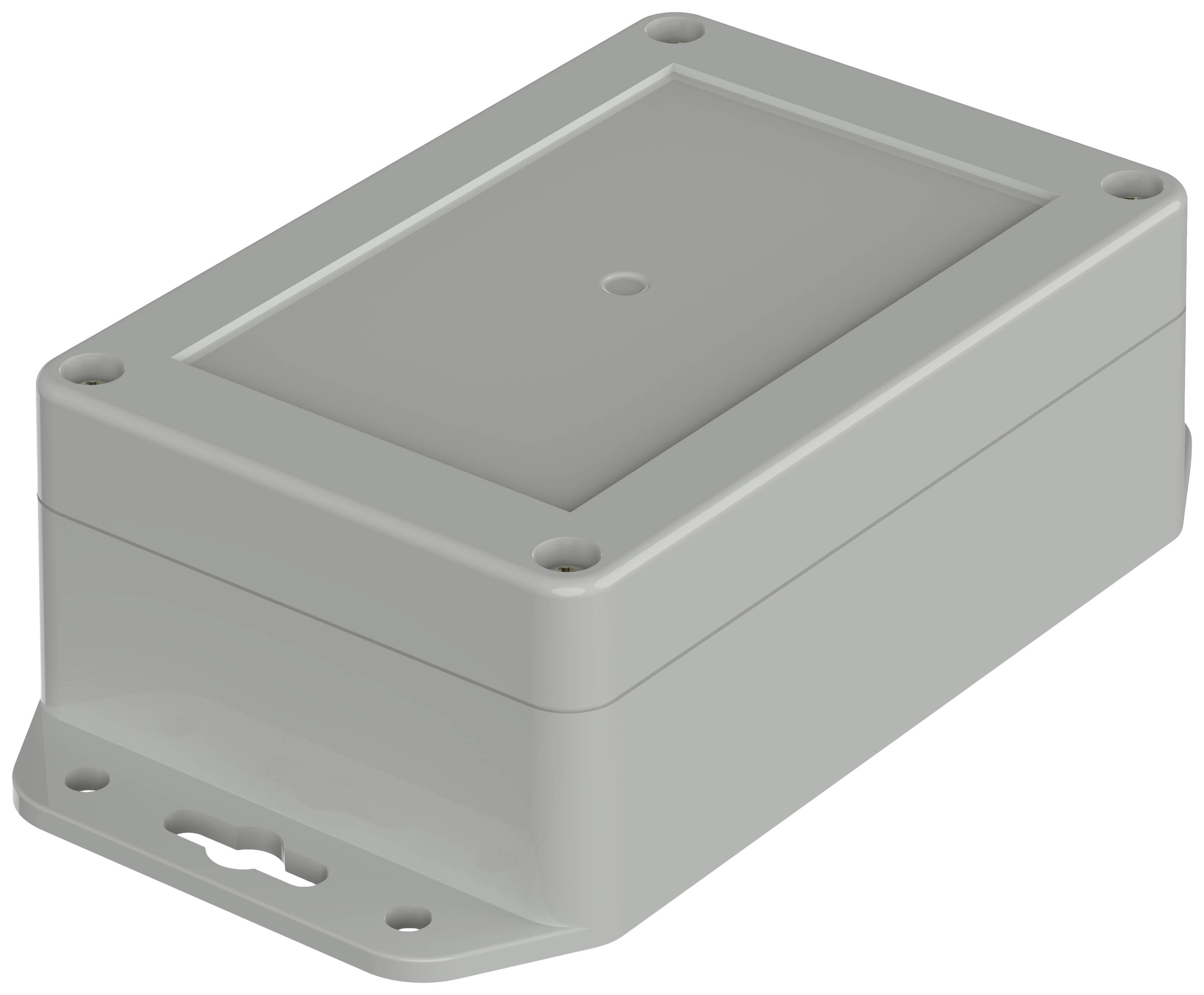 Custodia in plastica grigia rettangolare con coperchio rimovibile, angoli arrotondati e quattro fori di fissaggio sui bordi.