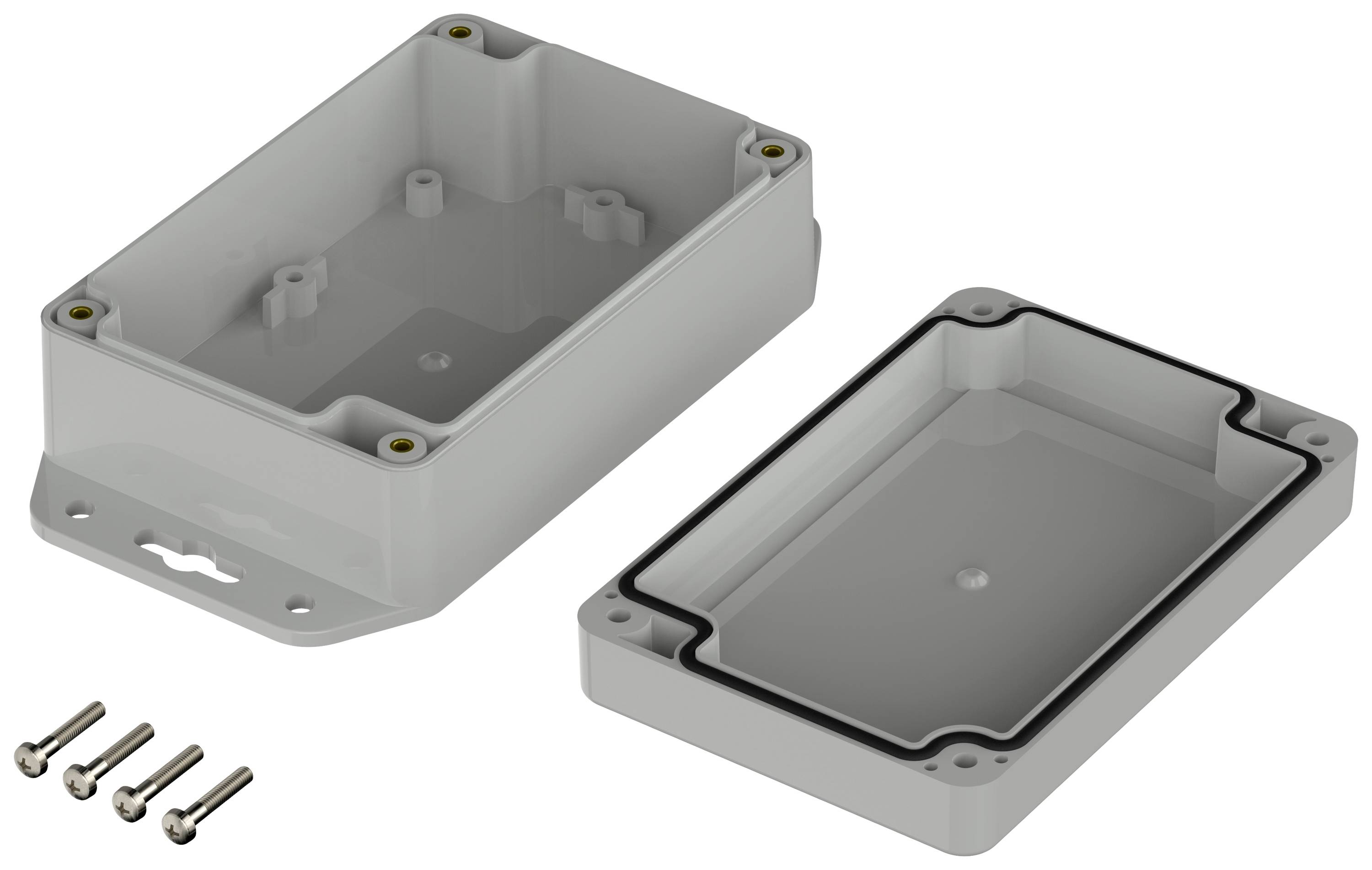 Due parti di involucro in plastica grigie con quattro viti. Gli involucri hanno angoli arrotondati ed sono destinati a componenti elettronici.