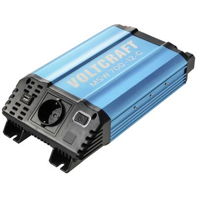 'Convertitore di tensione blu Voltcraft MSW 700-12-G con presa e connessione USB sul lato frontale.'