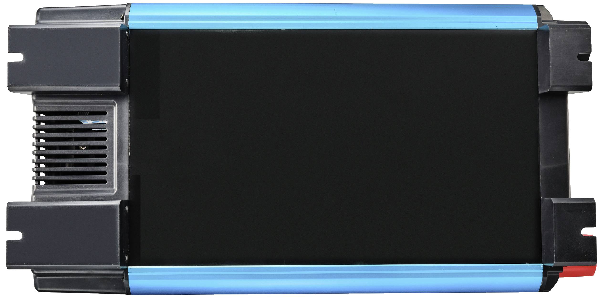 Dispositivo elettronico con involucro nero e strisce laterali blu, probabilmente un inverter o un alimentatore.