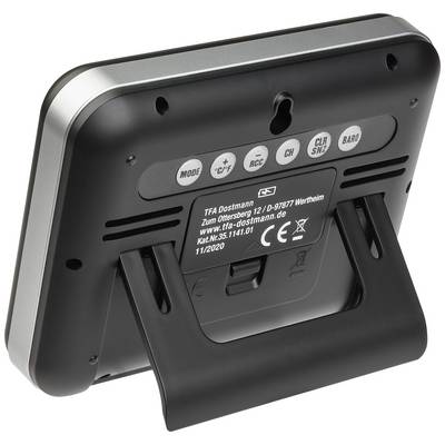Il retro di un display digitale con supporto pieghevole. Mostra comandi per connessione radio e controllo. Informazioni del produttore presenti.
