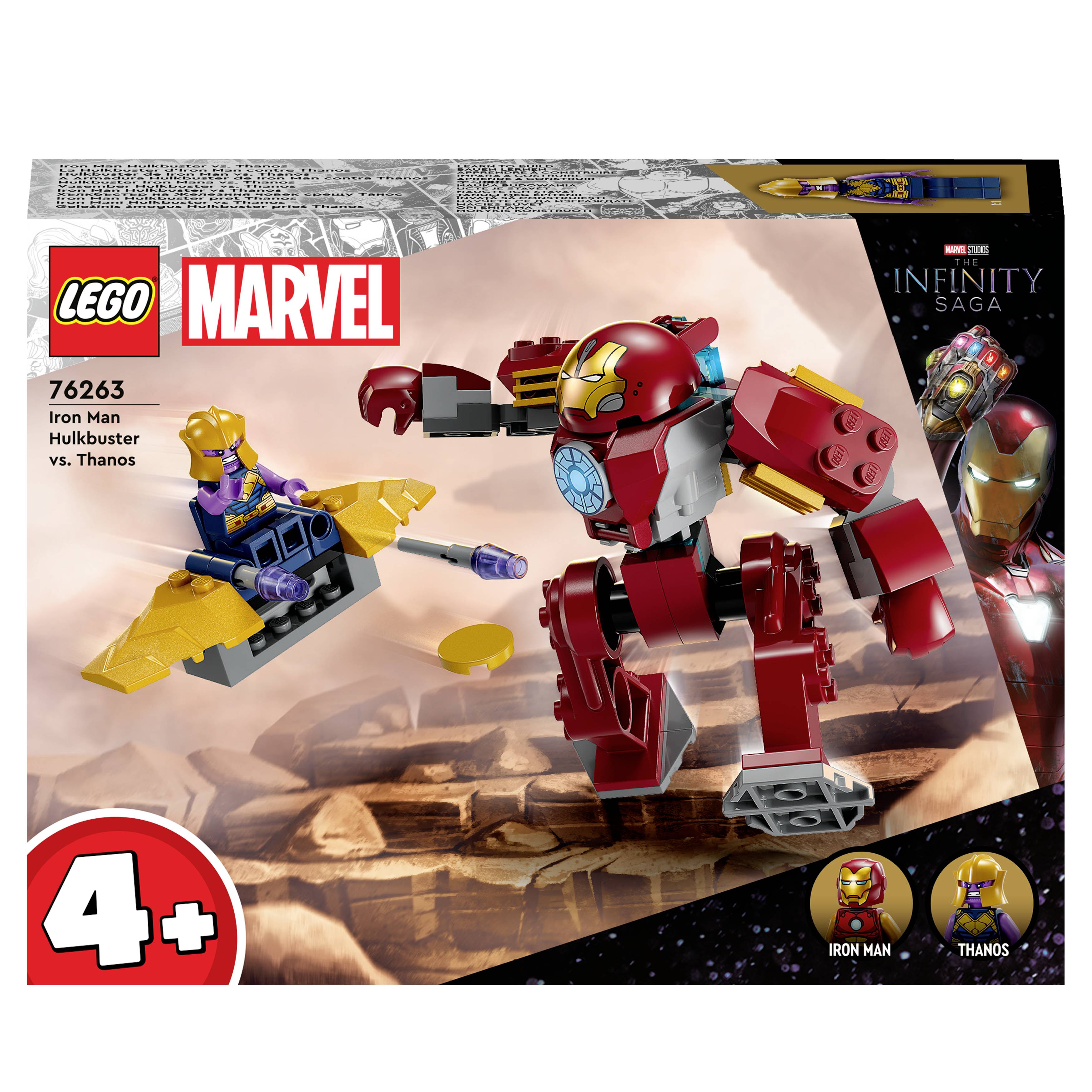 Set LEGO '76263': Iron Man nel Hulkbuster combatte contro Thanos. Raffigurati sono Iron Man nella sua tuta rossa e Thanos su un veicolo volante.