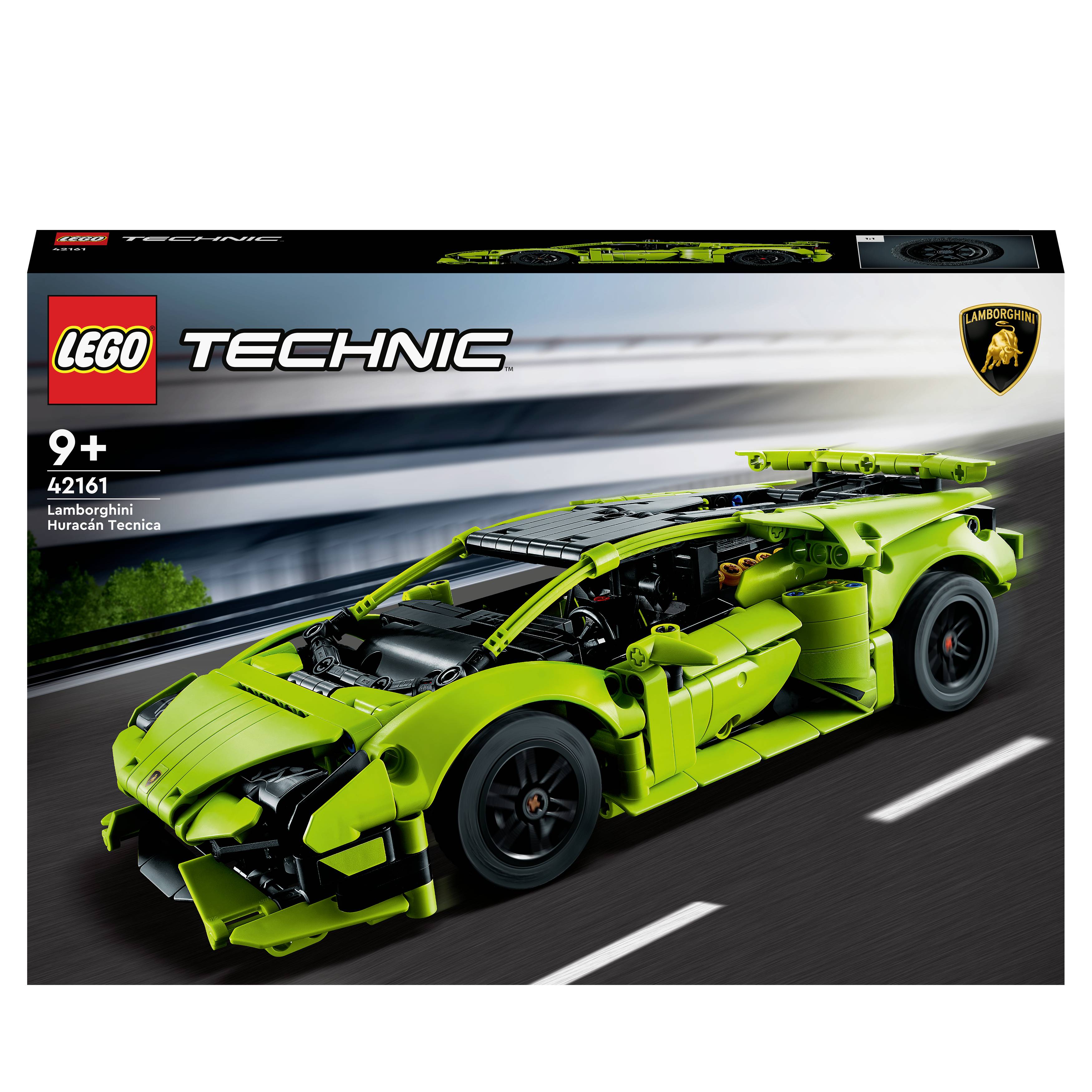 Modello Lego Technic 'Lamborghini Huracán Tecnica' in colore verde, posizionato su una strada; Kit per costruzioni adatto dai 9 anni in su.