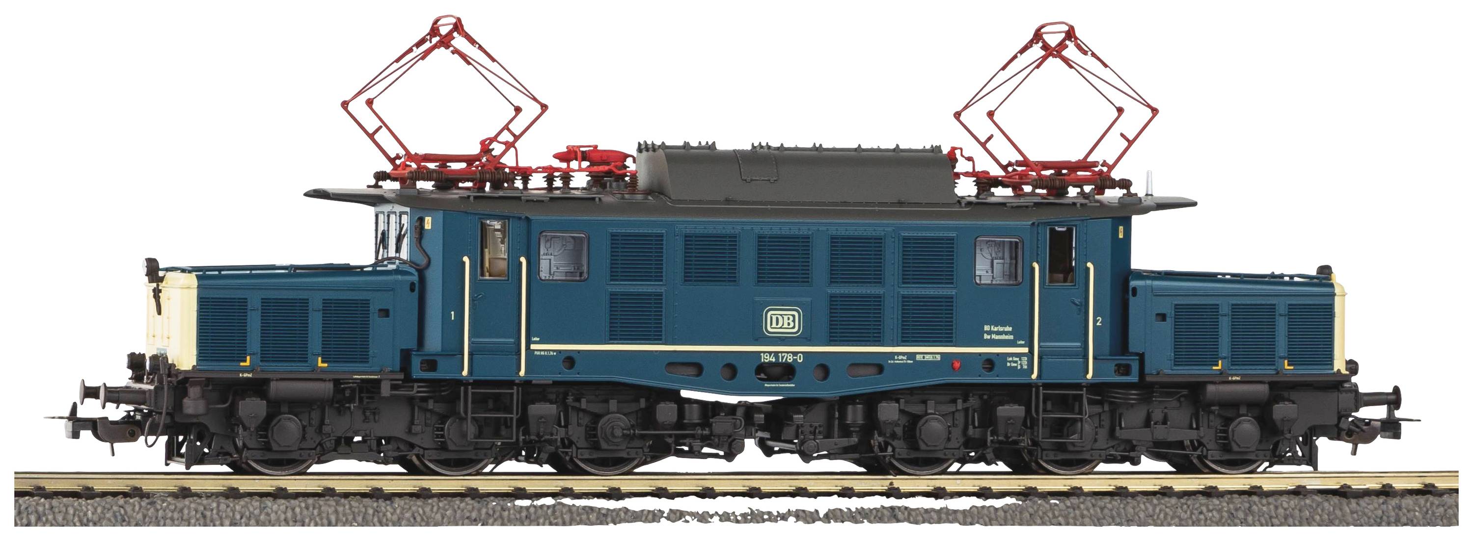Modello blu di una locomotiva elettrica su un binario, con dettagli come pantografi rossi ed elementi gialli, rappresentata di lato.