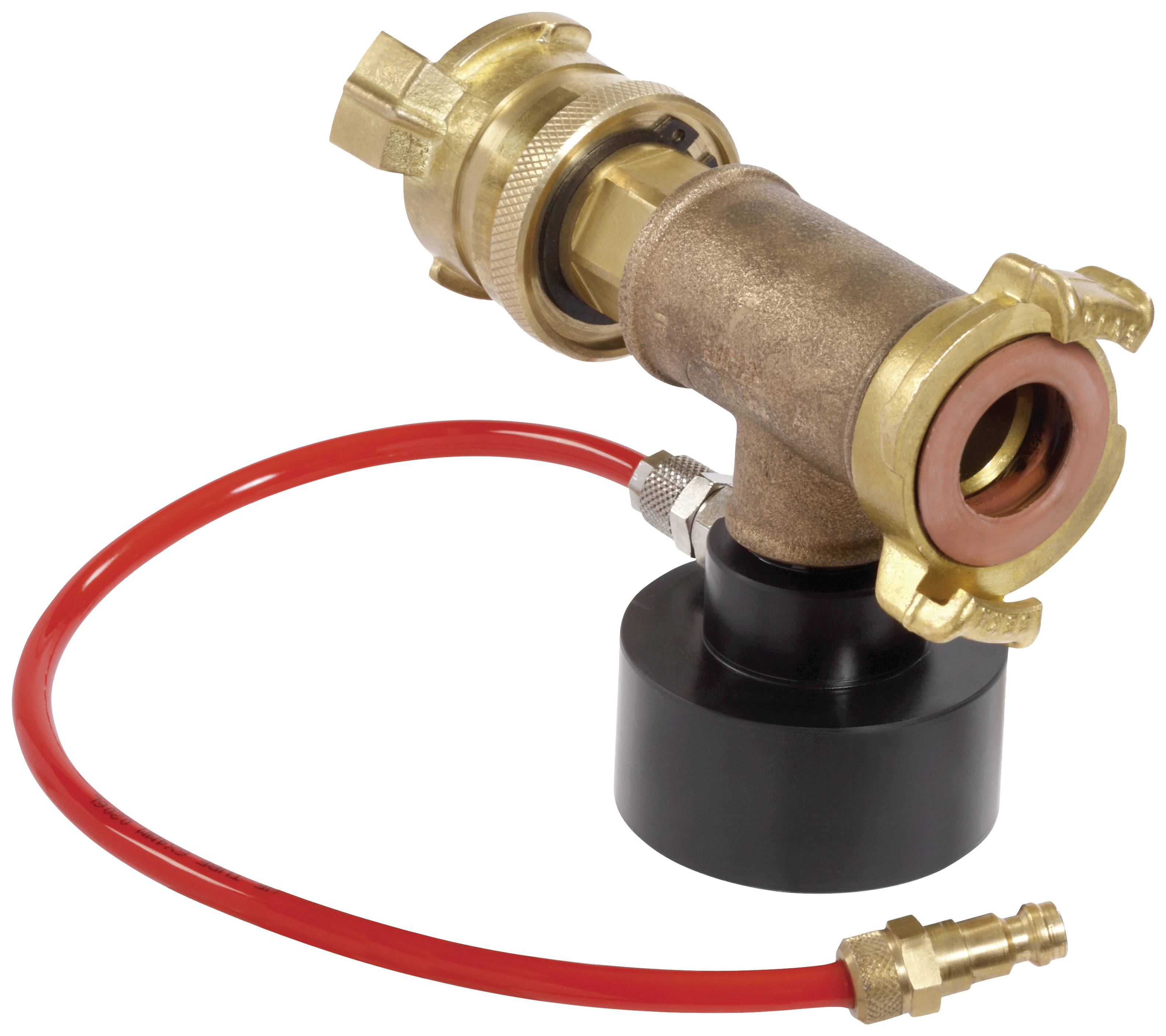 Raccordo a T con tubo flessibile rosso in gomma per connessione gas. Utilizzato per impianti e condutture di gas.