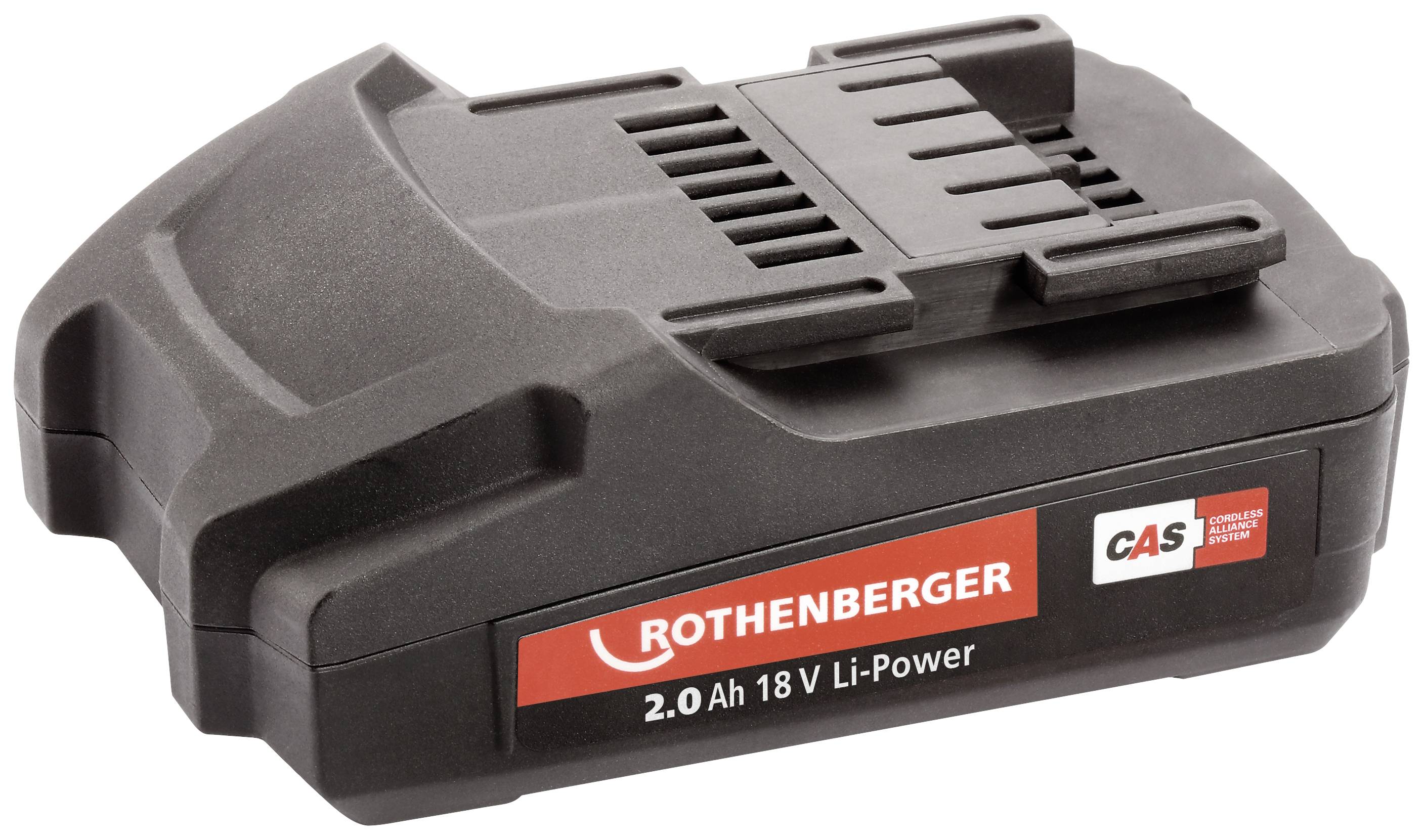 Un pacco batteria nero con la scritta 'Rothenberger 2.0 Ah 18 V Li-Power', adatto per utensili, è posizionato su uno sfondo bianco.