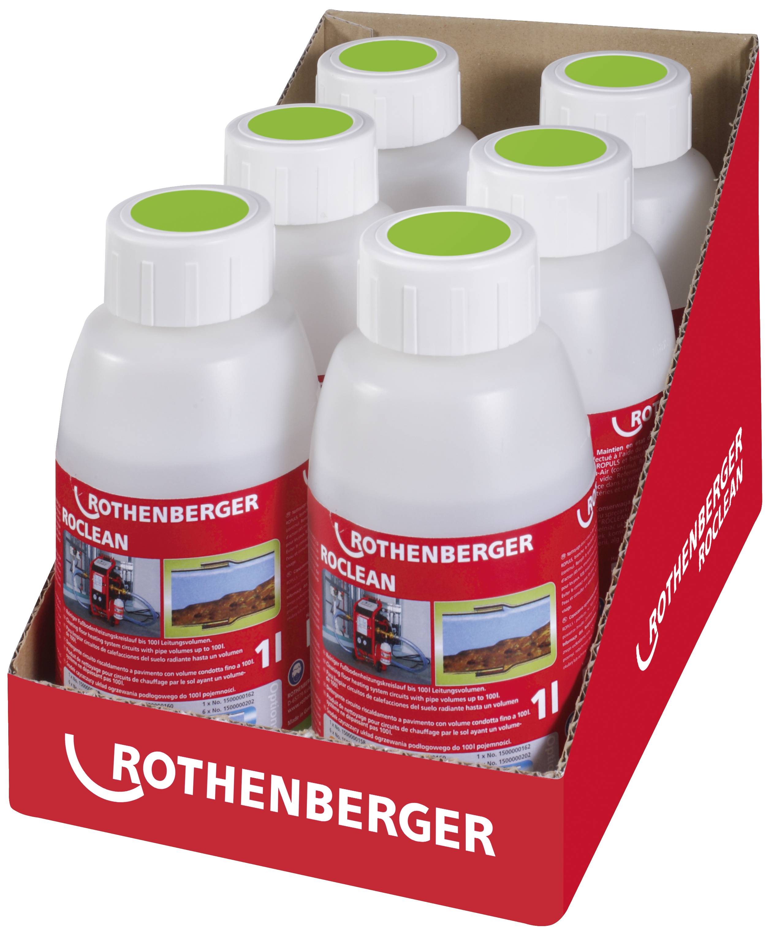 Sei bottiglie di plastica con tappo verde, marchio 'Rothenberger Roclean', sono contenute in una scatola di cartone rossa. Soluzione detergente.
