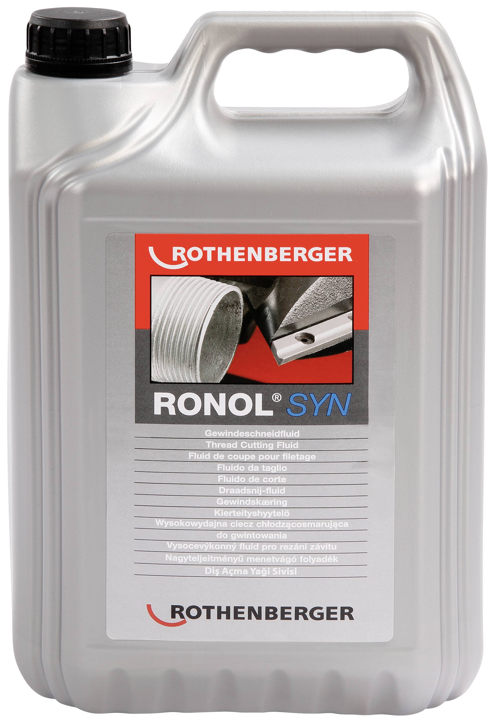 Un contenitore con la scritta 'Ronol SYN' di Rothenberger, utilizzato come olio per filettatura. Completamente di colore argento con tappo nero.