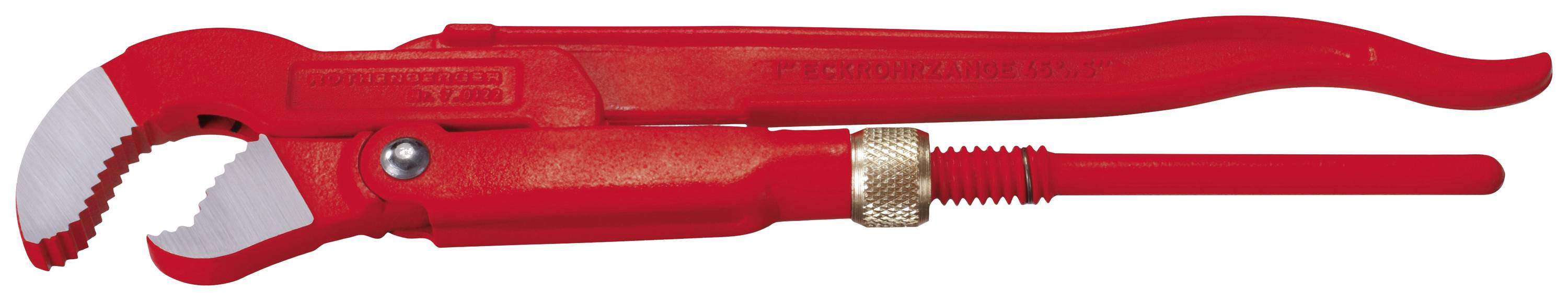 Pinza regolabile rossa con impugnatura regolabile e ganasce dentate per afferrare tubi e altri oggetti cilindrici.