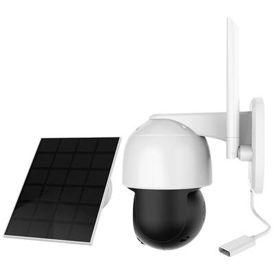 Una telecamera di sorveglianza con pannello solare, montata su un supporto a parete. La telecamera è dotata di un'antenna per connessione wireless.