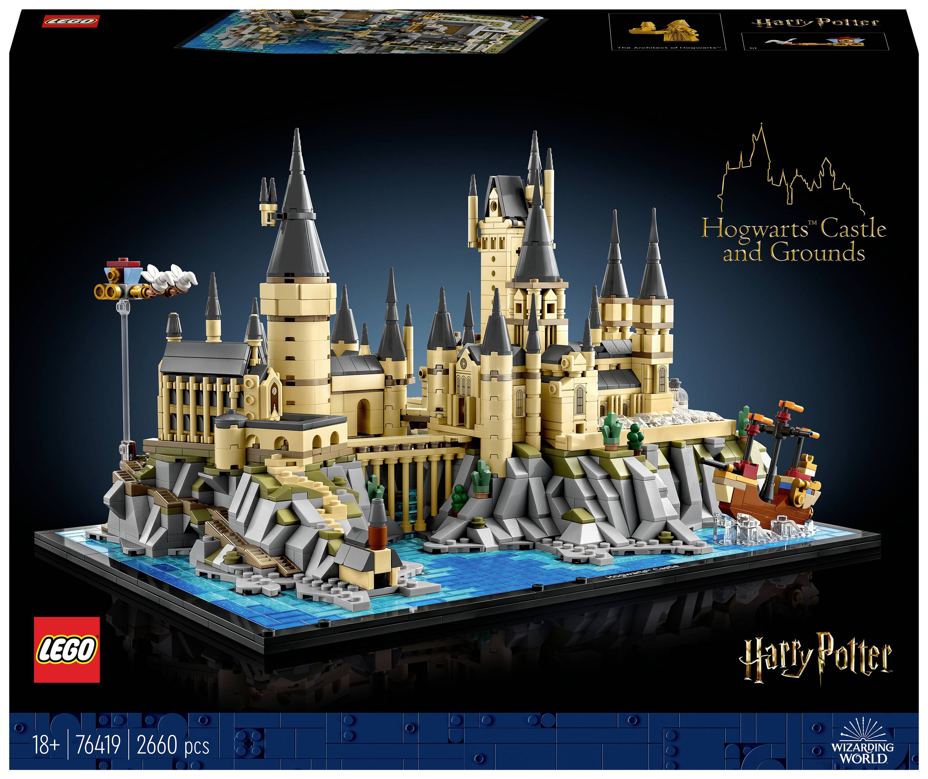 Set Lego del Castello di Hogwarts e Terreno, 2660 pezzi, dai 18 anni in su, della serie Harry Potter, che mostra una versione in miniatura del castello.