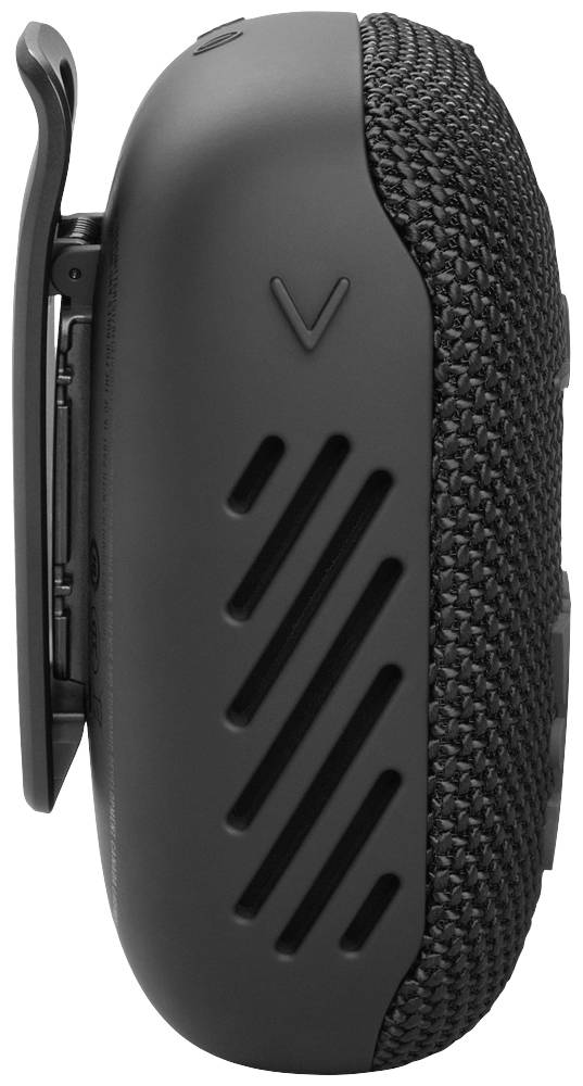 Un altoparlante portatile nero con involucro strutturato e clip integrata.