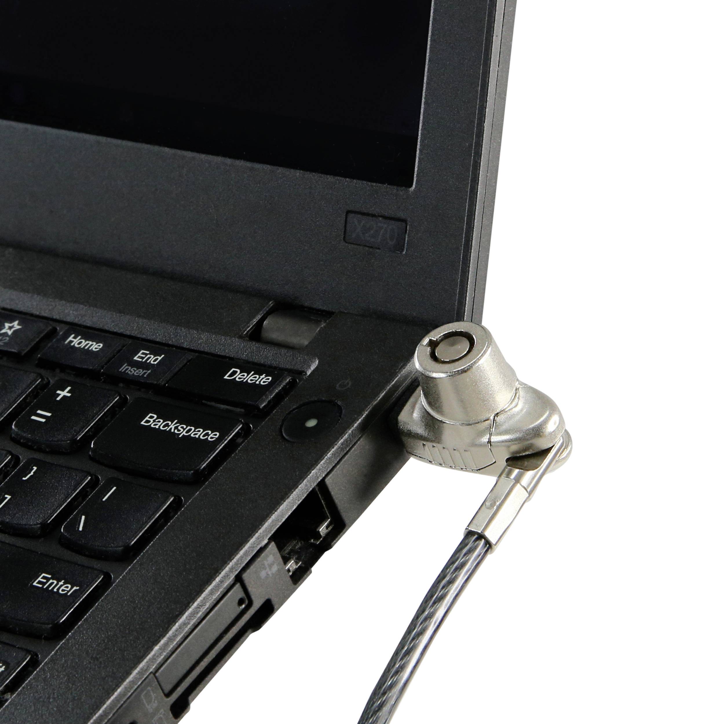 Un laptop dotato di un lucchetto laterale che protegge il computer.