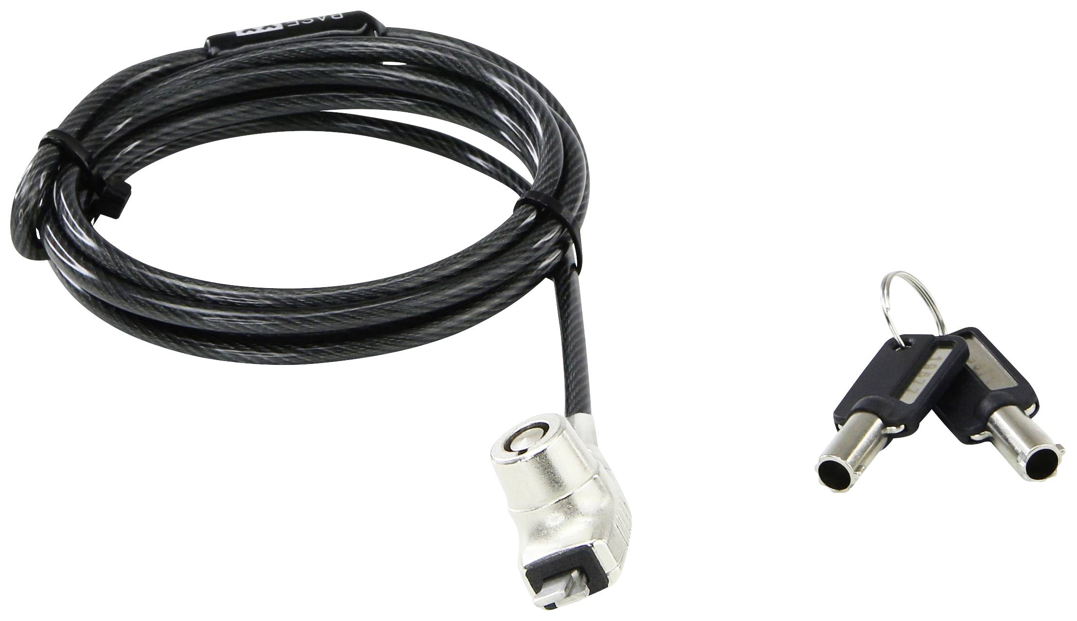 Cavo di sicurezza per notebook con lucchetto e due chiavi. Il cavo è lungo e flessibile per proteggere i laptop dal furto.