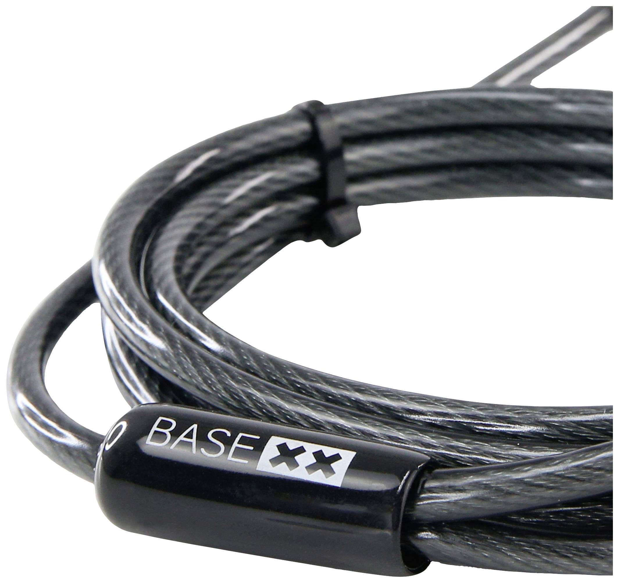 Un cavo di sicurezza nero con la scritta 'BASE XX' mostra un cappio rinforzato per fissare dispositivi o oggetti.