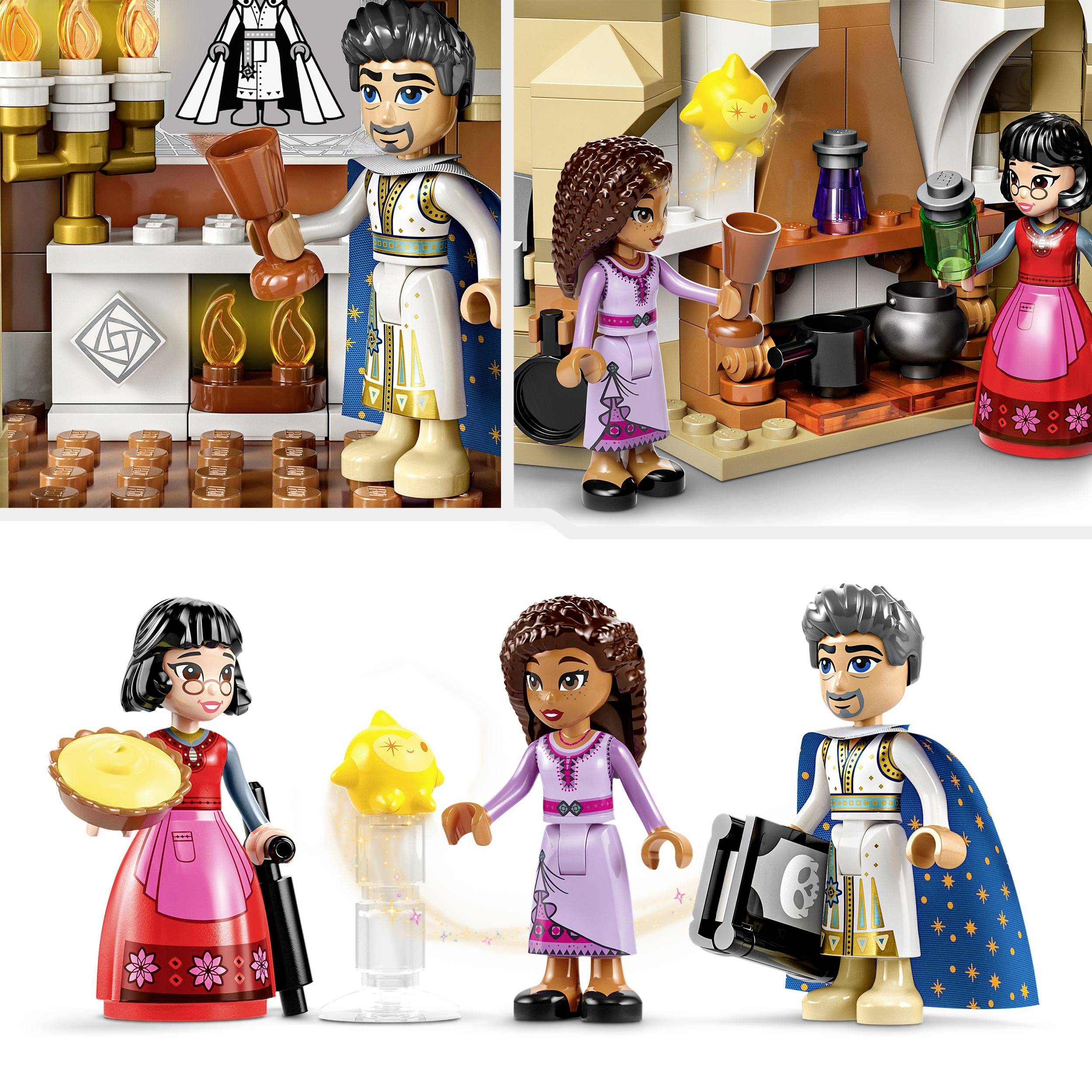 Tre statuette Lego in un ambiente storico: un uomo con un libro, una donna con una torta e un'altra donna accanto. Cucina con pentole e camino sullo sfondo.
