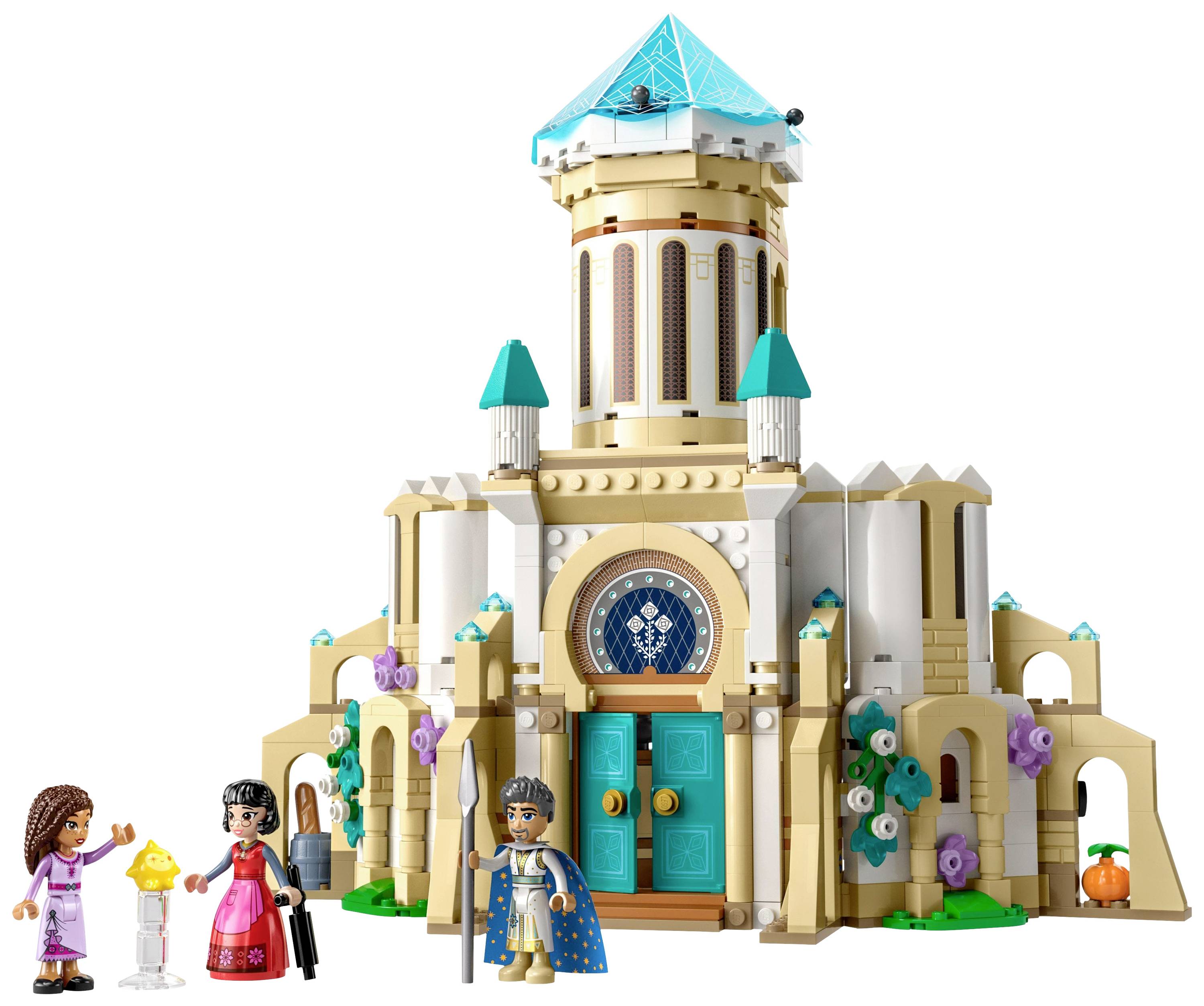 Set Lego di un palazzo con tetti color turchese, tre personaggi con abiti colorati e un lampione in primo piano.
