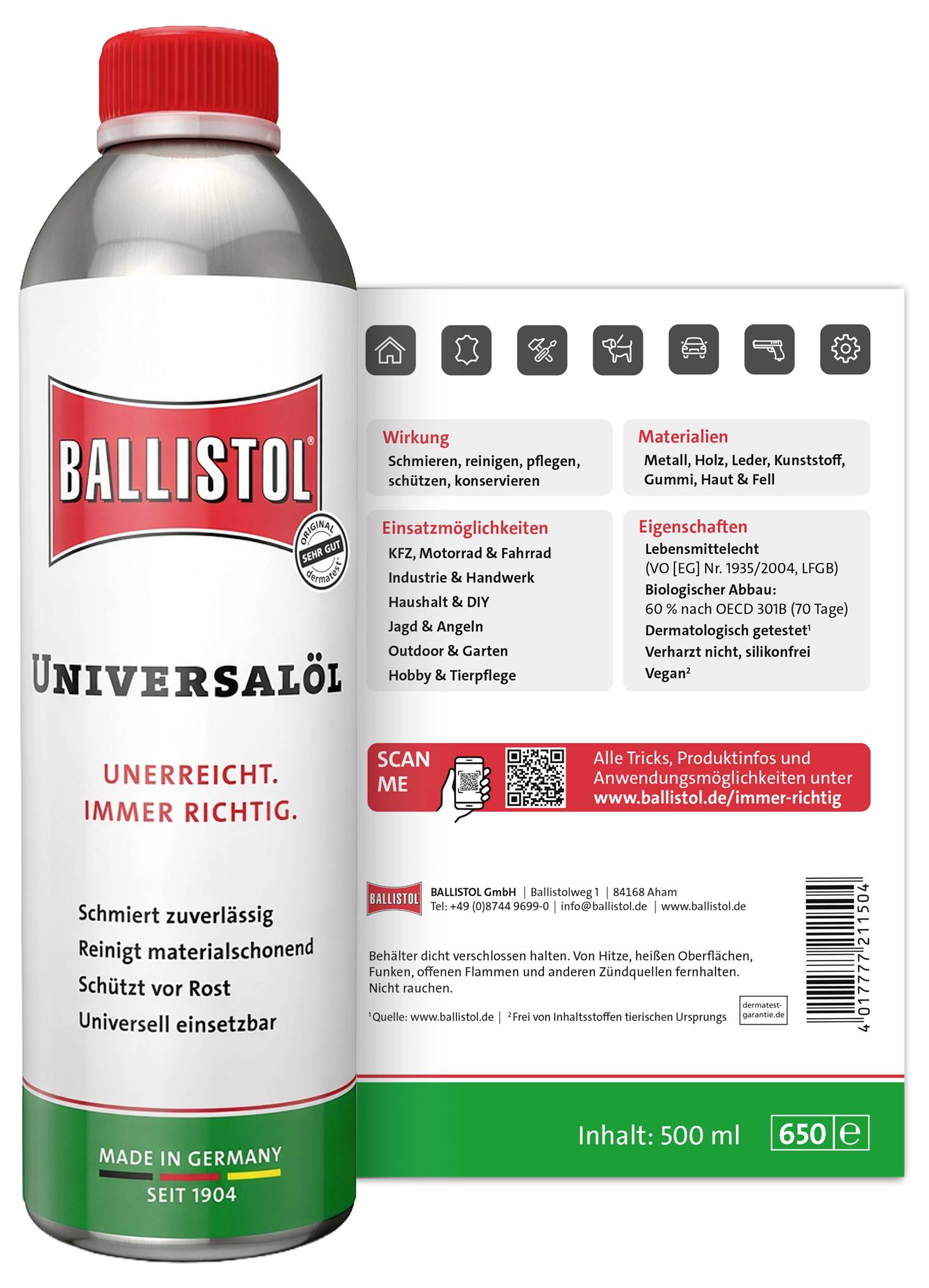 Bottiglia di Ballistol Olio Universale con etichetta che elenca usi, materiali e caratteristiche; lattina da 500 ml con tappo rosso e slogan "Ineguagliato. Sempre giusto."