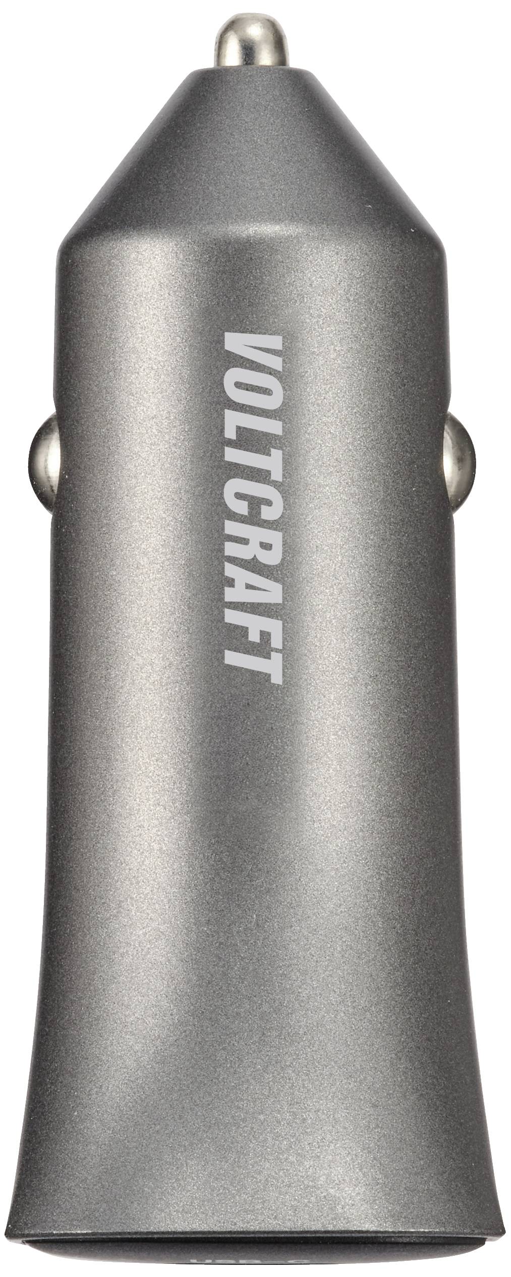 Caricabatterie per auto argentato con logo 'VOLTCRAFT'. Compatto, con involucro rotondo e uscita USB sul lato frontale.
