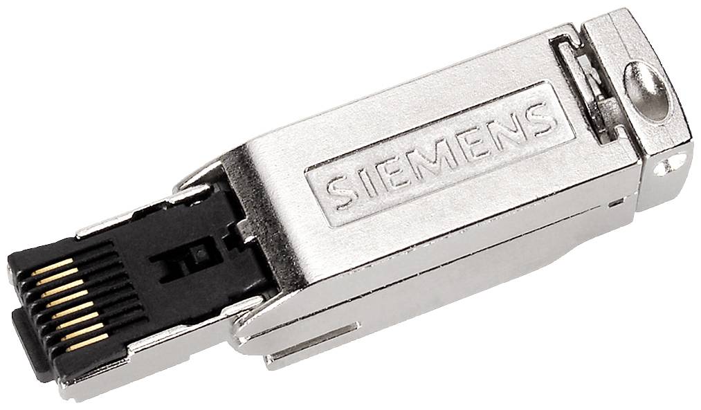 Un connettore Siemens argentato, presumibilmente per la trasmissione dati, con un design rettangolare distintivo e pin di connessione neri.