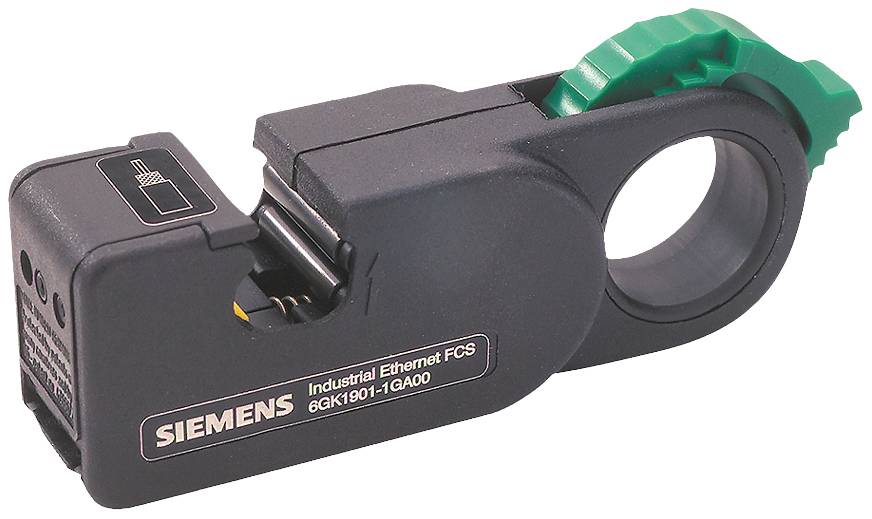Un spellacavi con logo Siemens, modello 'Industrial Ethernet FC'; tonalità verde-nero. Adatto per la lavorazione di cavi Ethernet.
