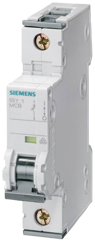Un interruttore di protezione Siemens con involucro grigio ed elementi di indicazione verdi, utilizzato per la protezione di circuiti elettrici.