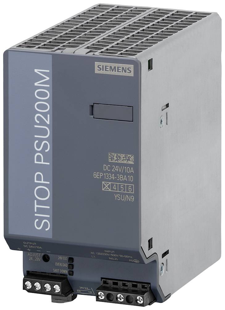 Un dispositivo elettrico grigio con la scritta 'SITOP PSU200M'. Si tratta di un'unità di alimentazione di Siemens.