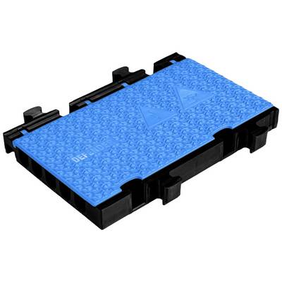 Un ponte per cavi blu con superficie antiscivolo su base nera. Idoneo per la protezione dei cavi in aree di lavoro.