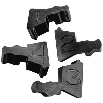 Parti in plastica a forma di pistole con i numeri '1', '2', '3' e '4' impressi. La sequenza inizia in alto a sinistra.