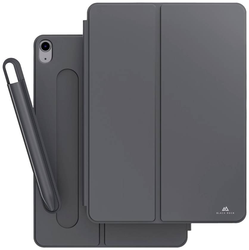 Un tablet scuro con una custodia protettiva nera e un supporto per la penna. Il marchio 'Black Rock' è visibile in basso a destra sulla custodia.
