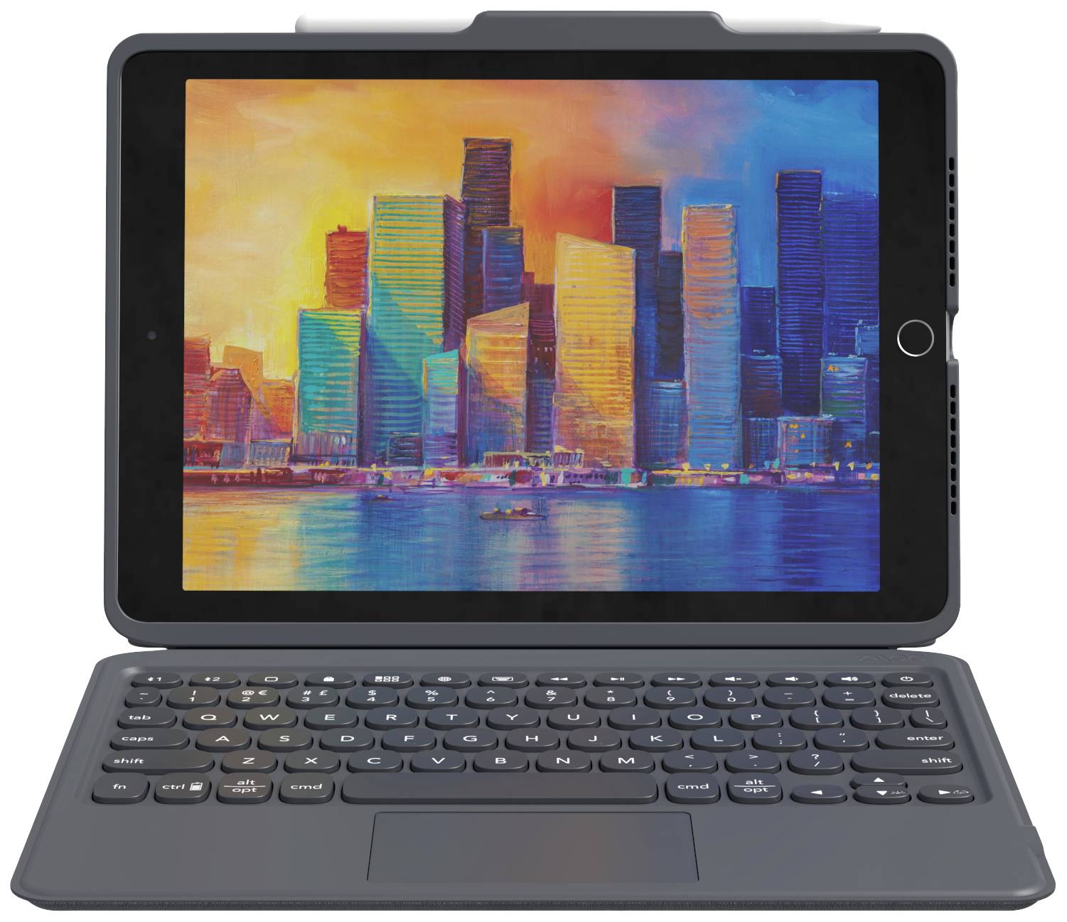 Un tablet con tastiera mostra un'immagine colorata di una città con grattacieli e acqua in primo piano sullo schermo.