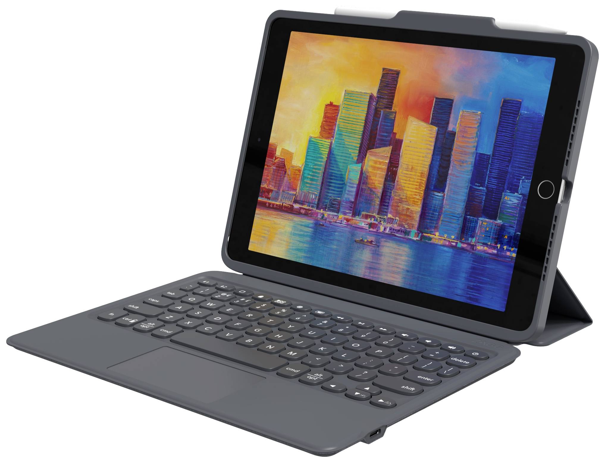 Un tablet con una tastiera collegata mostra un vivace scenario urbano sullo schermo.
